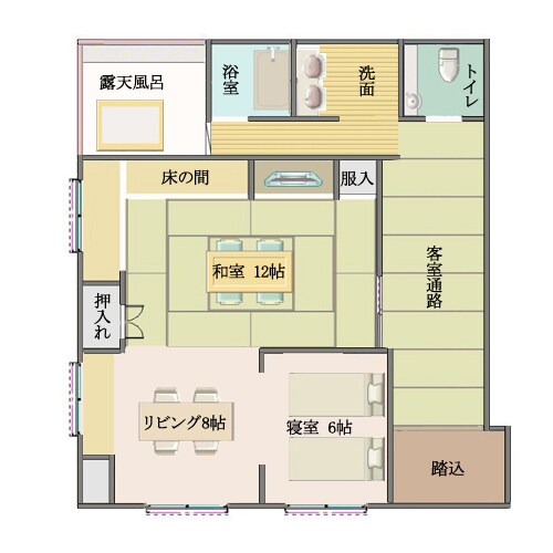 這間套房設有12張榻榻米的日式房間、8張榻榻米的客廳、6張榻榻米的雙床房和高野真希露天浴池。