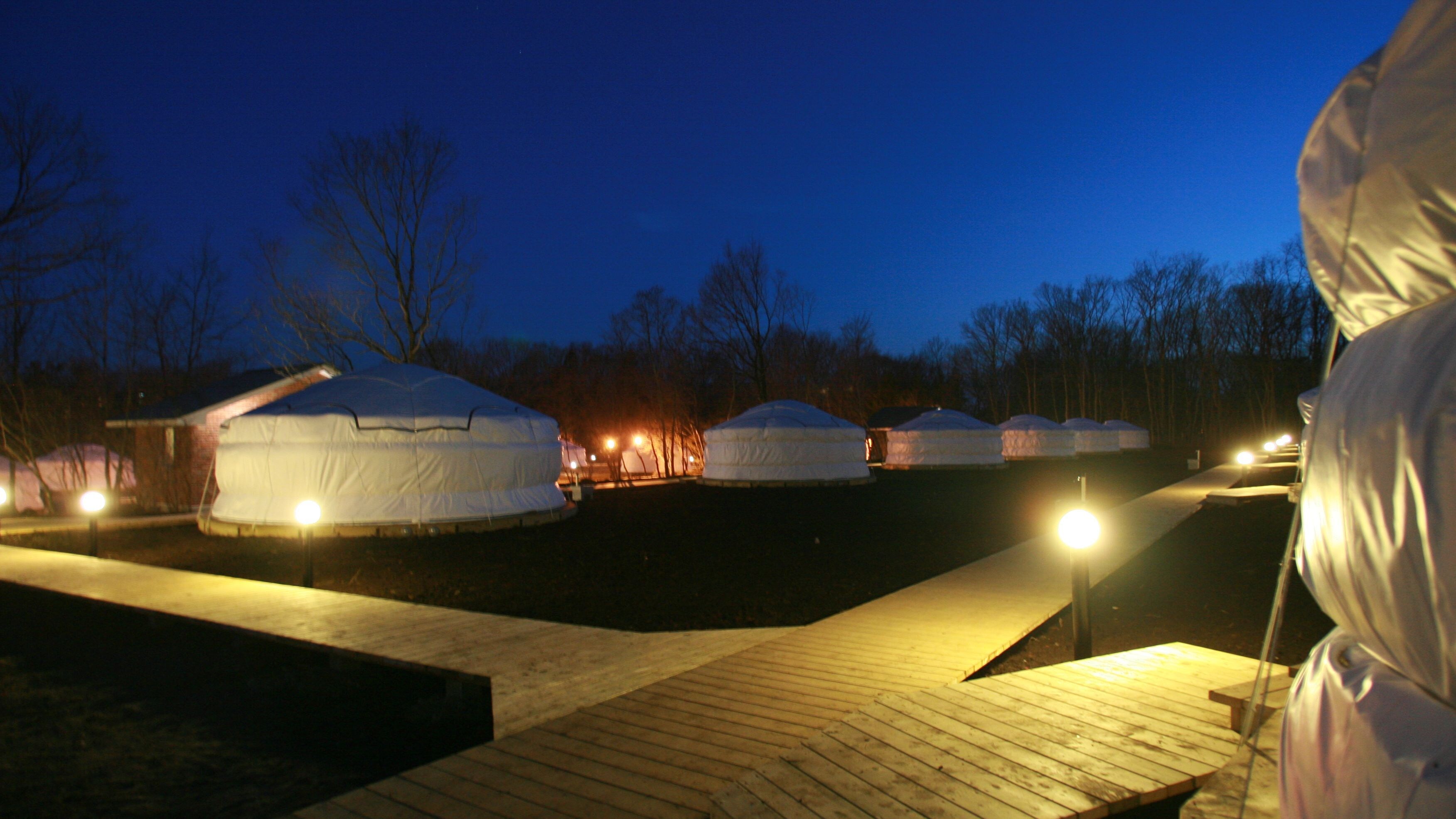 A row of gers at night