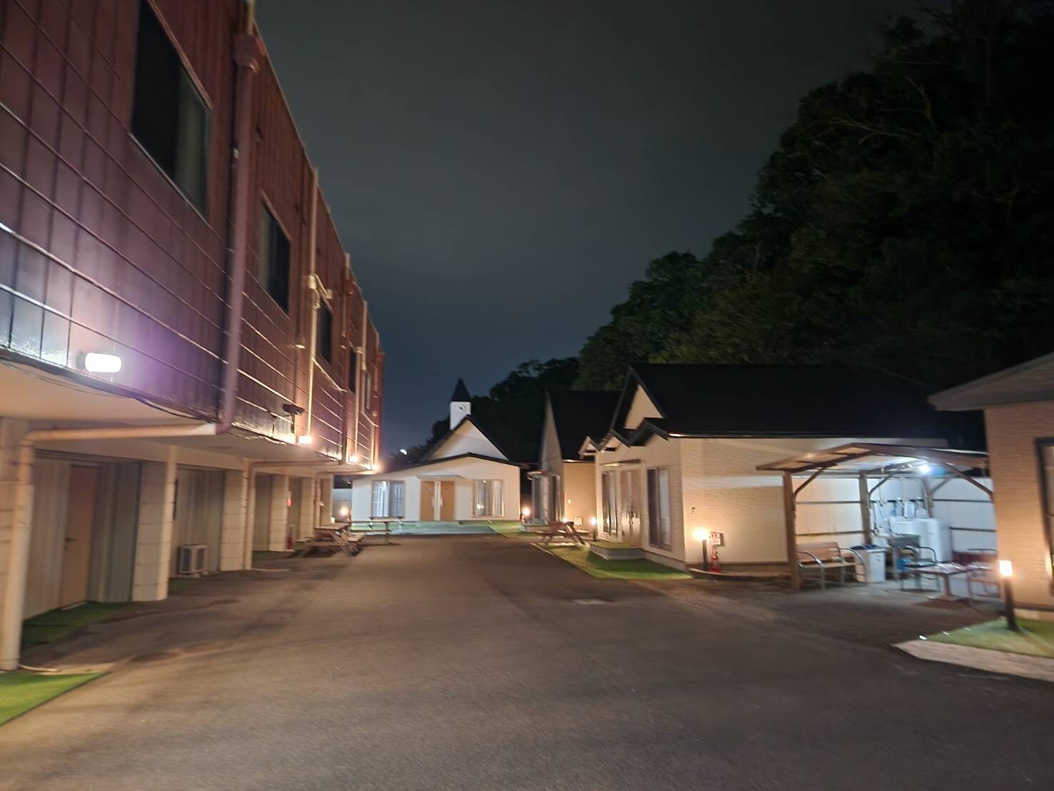 Cottage exterior at night