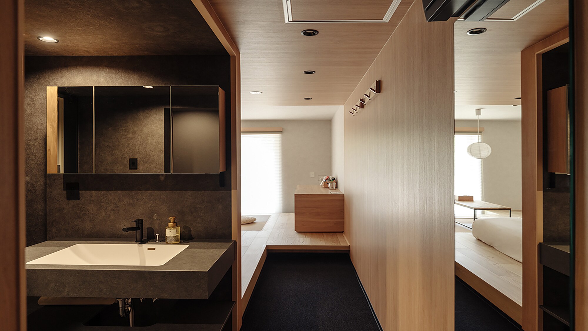 A comfortable, modern Japanese atmosphere with natural materials.