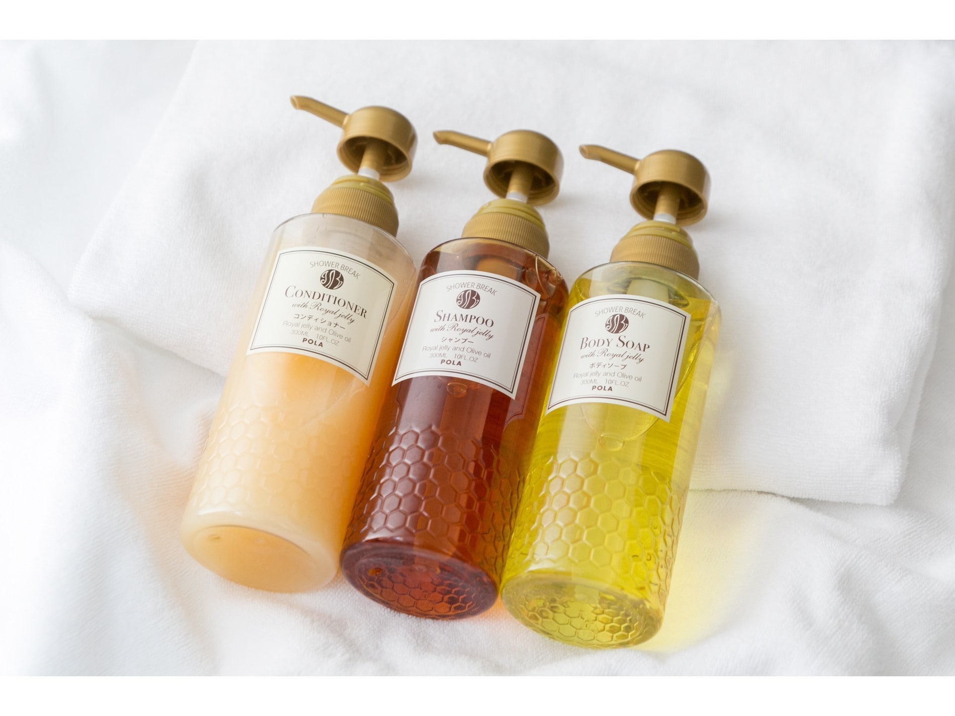 Shampoo, conditioner, body soap