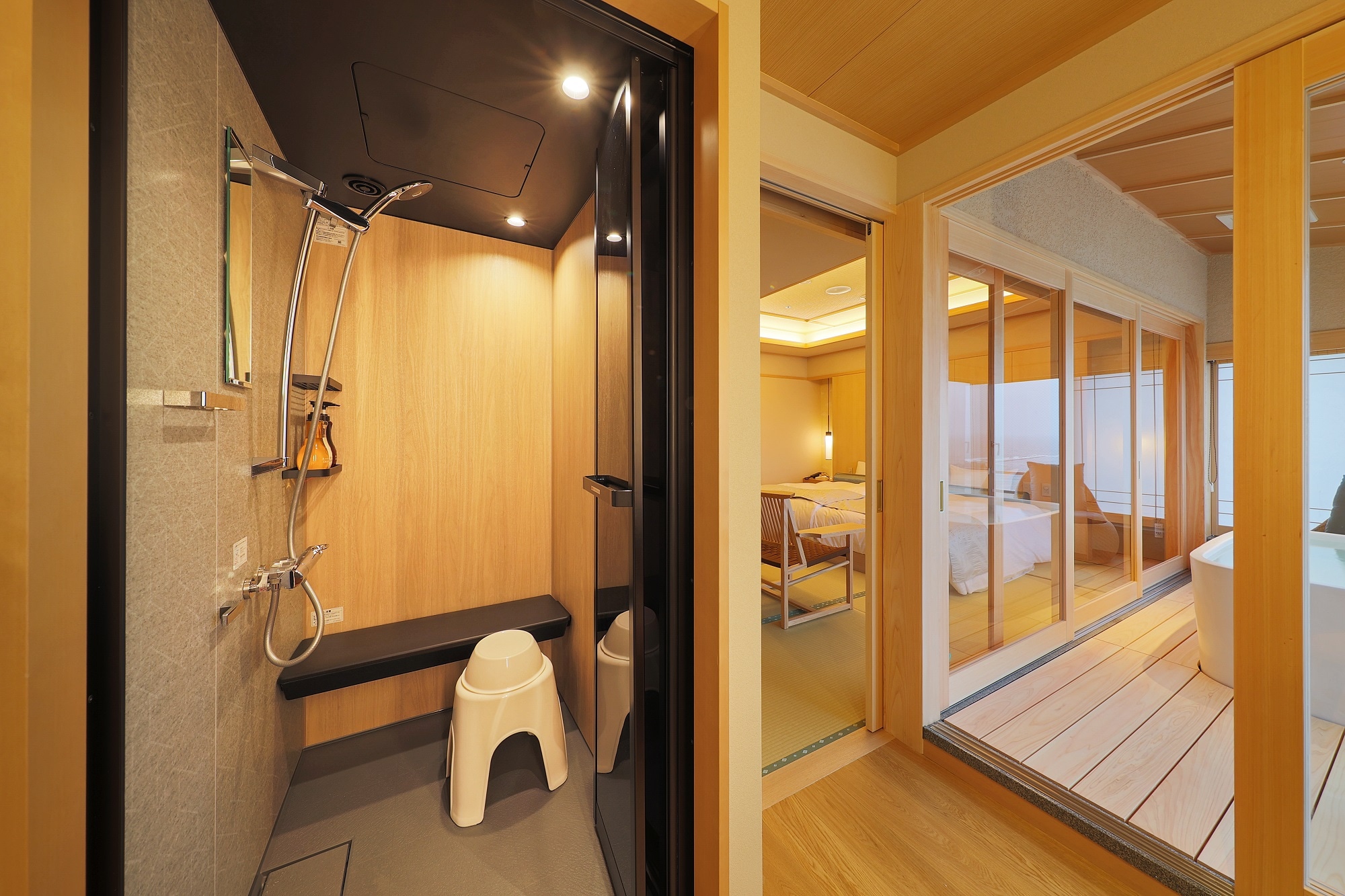 View Bath Twin Modern Japanese Room: Shower booth