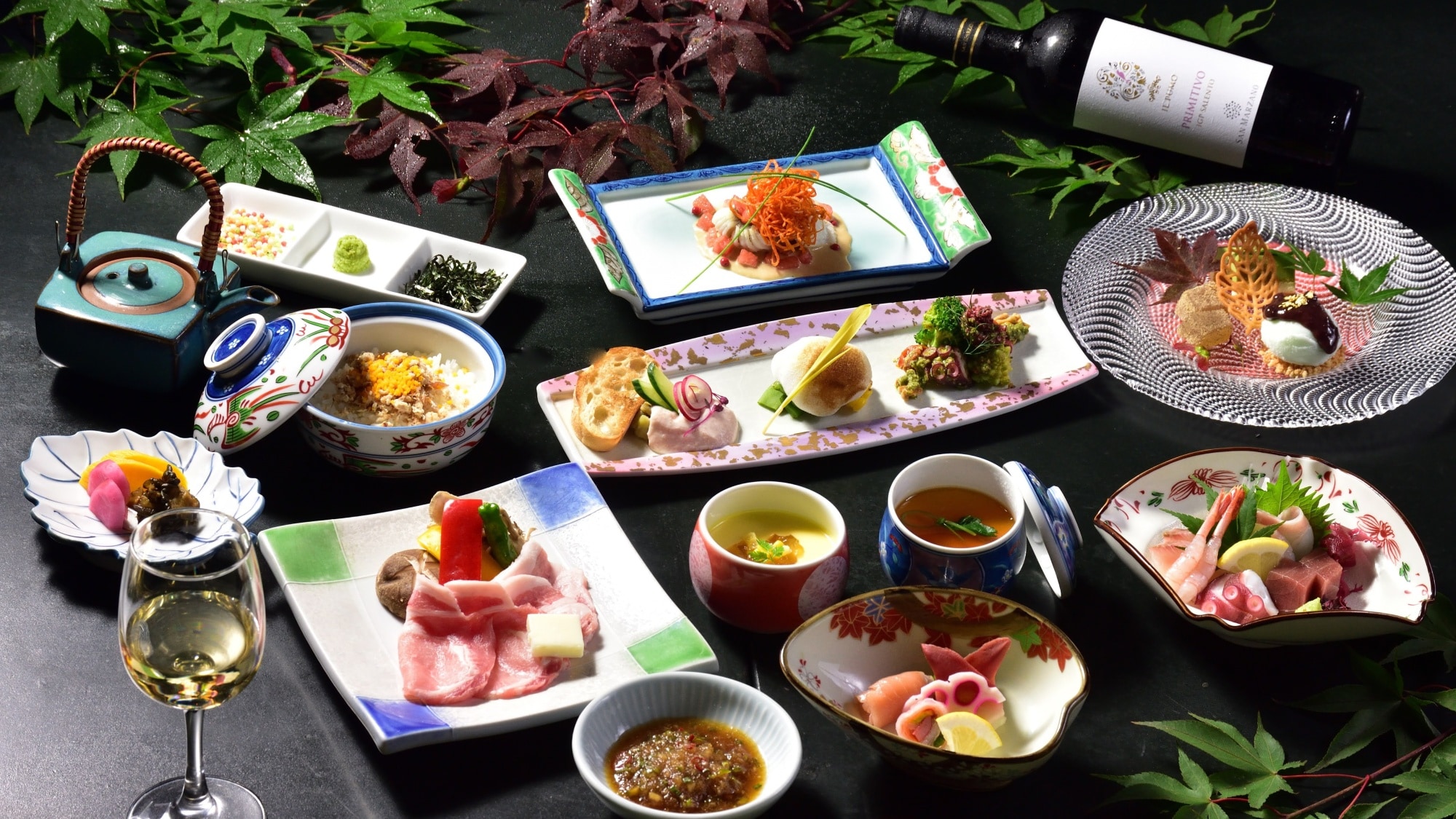 An example of a Japanese-Western fusion cuisine course (mainly Joshu Mugi Pork)