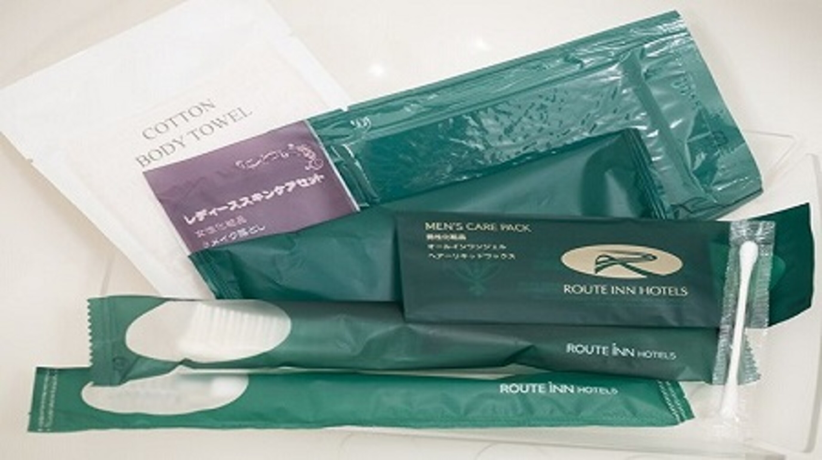 Comfort amenities (men's care pack, body wash towel, ladies' skin care set)