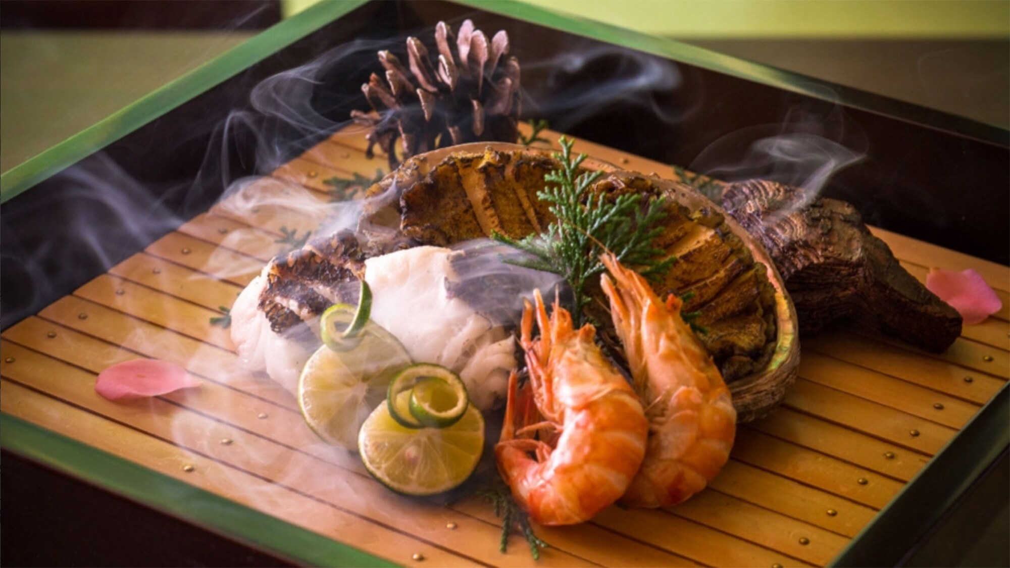 Grilled dishes include abalone, shrimp, and fish.