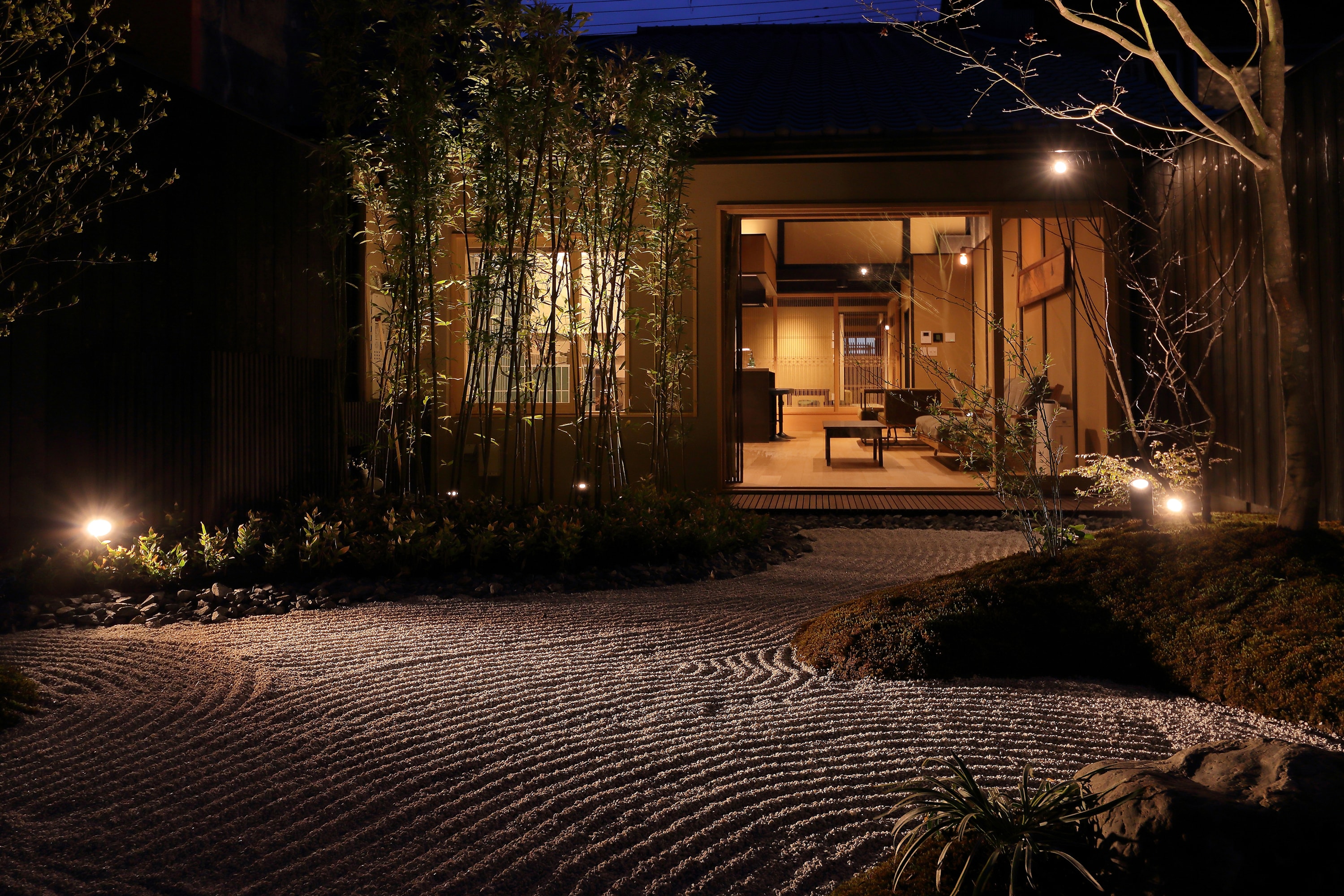 Interior view from the garden at night