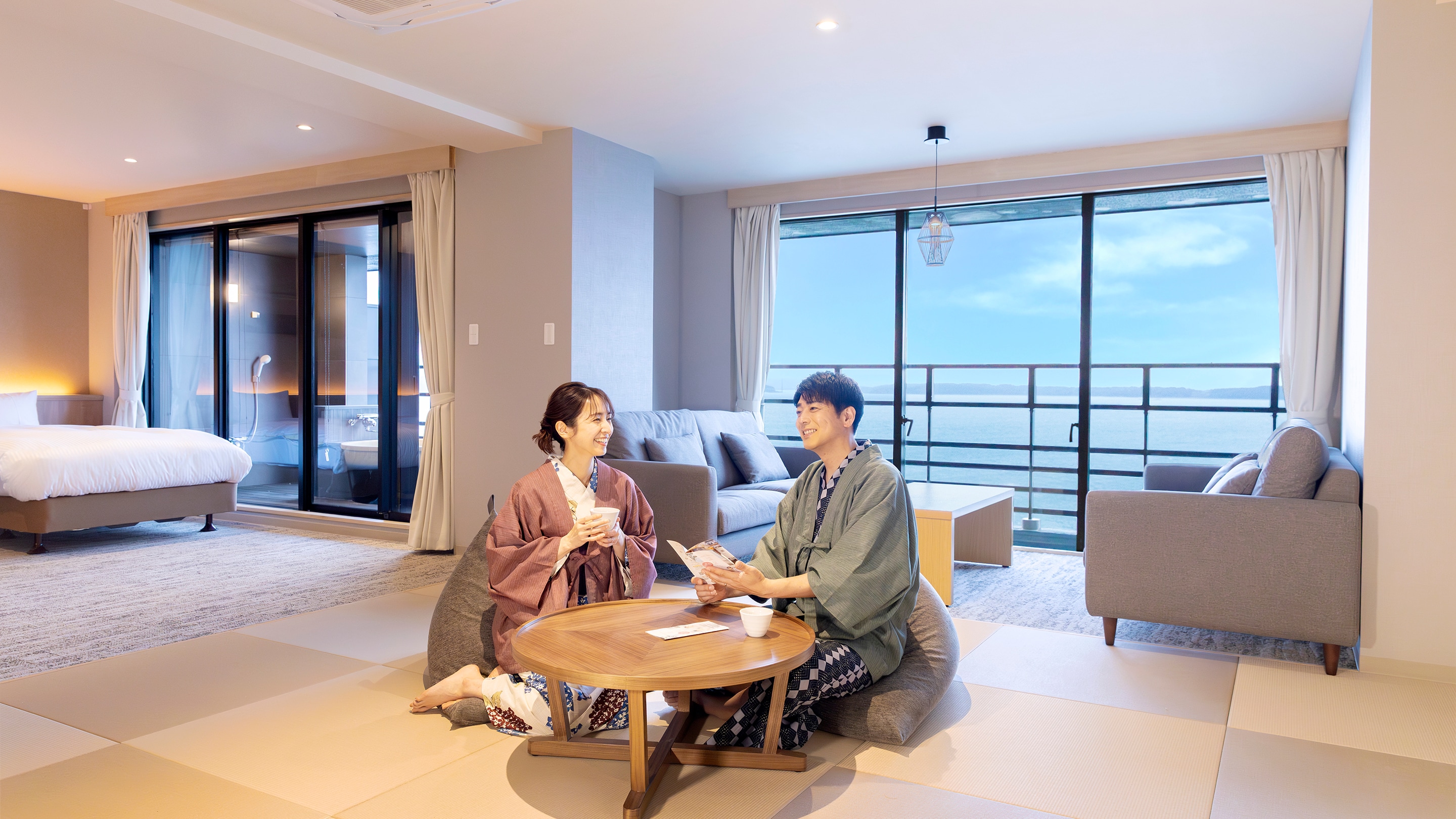 Superior Japanese-Western style twin room with open-air bath, capacity 6 people, indoor bath *Example of guest room