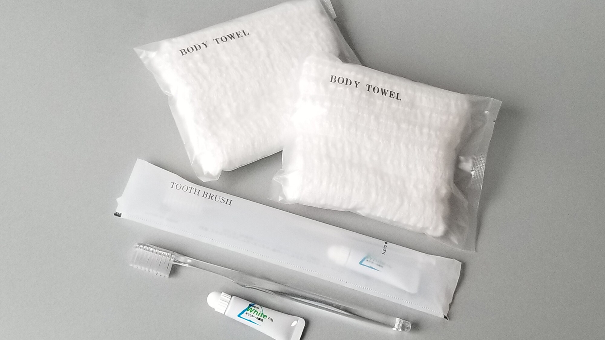 Toothbrush and body towel (provided at the front lobby)