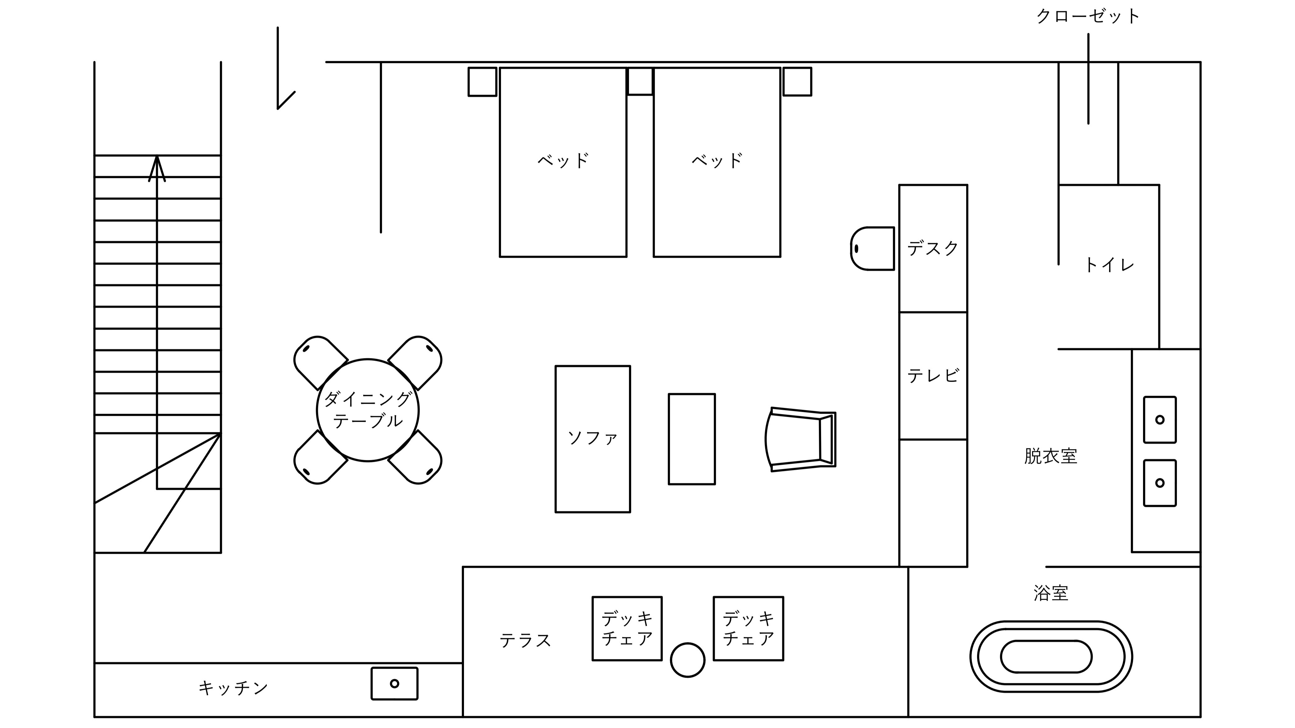 [203] A guest room equipped with furniture with a striking modern design.