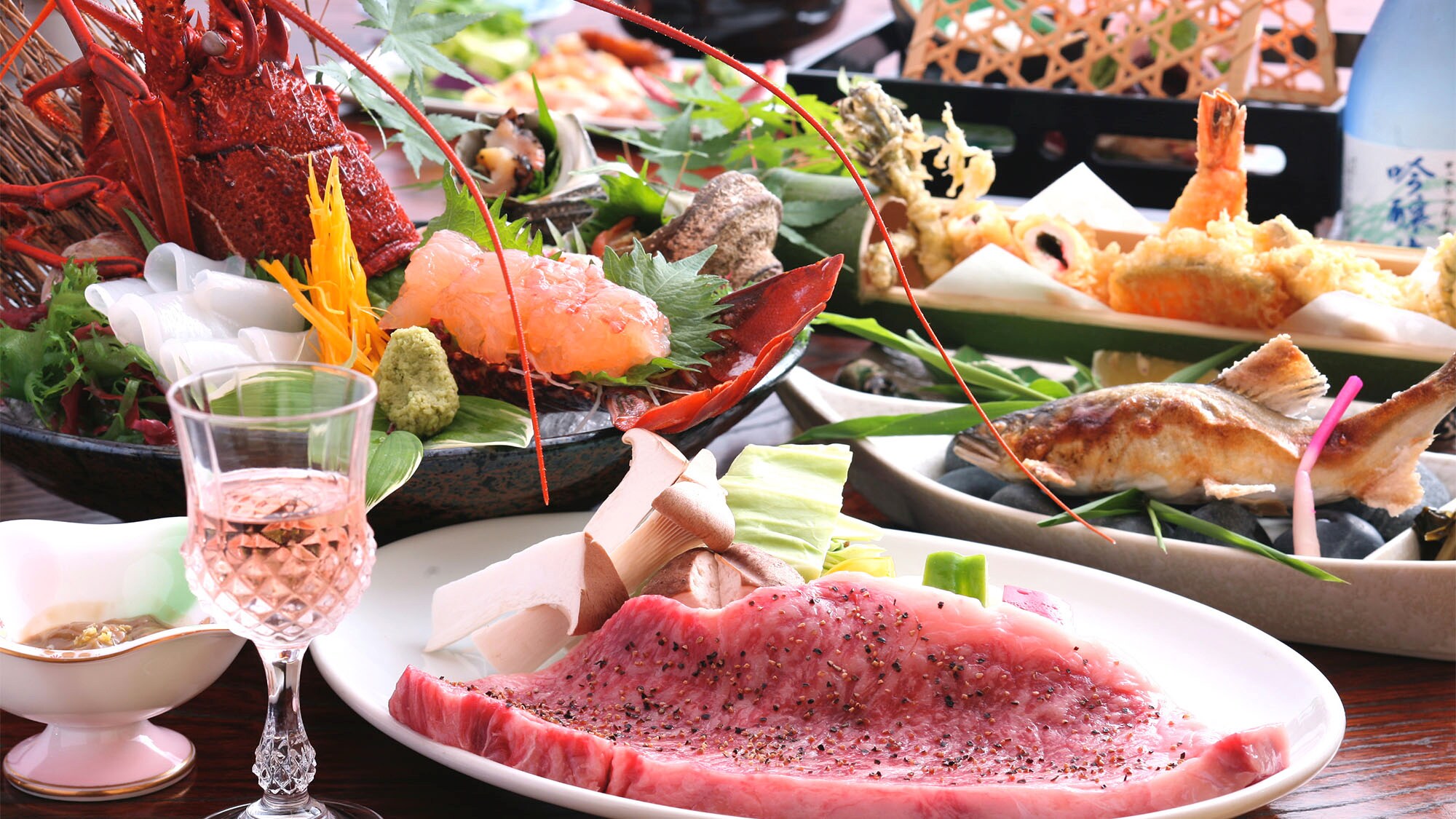 ・【小橋套餐例】霜降神石牛肉和伊勢龍蝦生魚片的豪華套餐