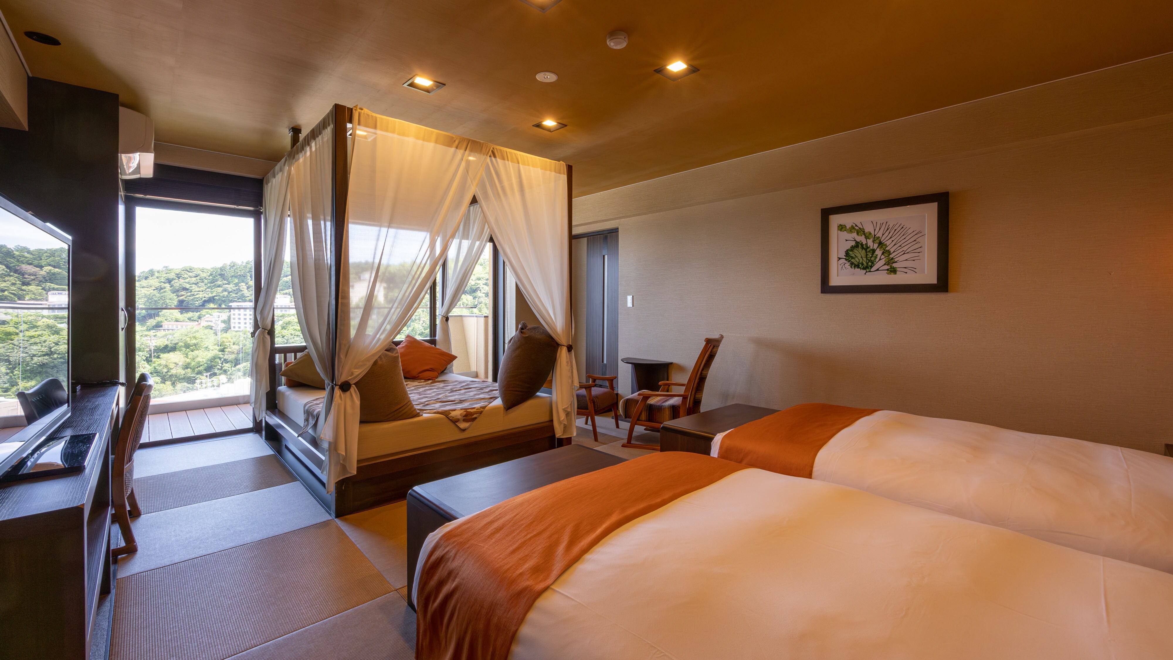 Rooms with open-air baths and ocean views, daybeds and cabins