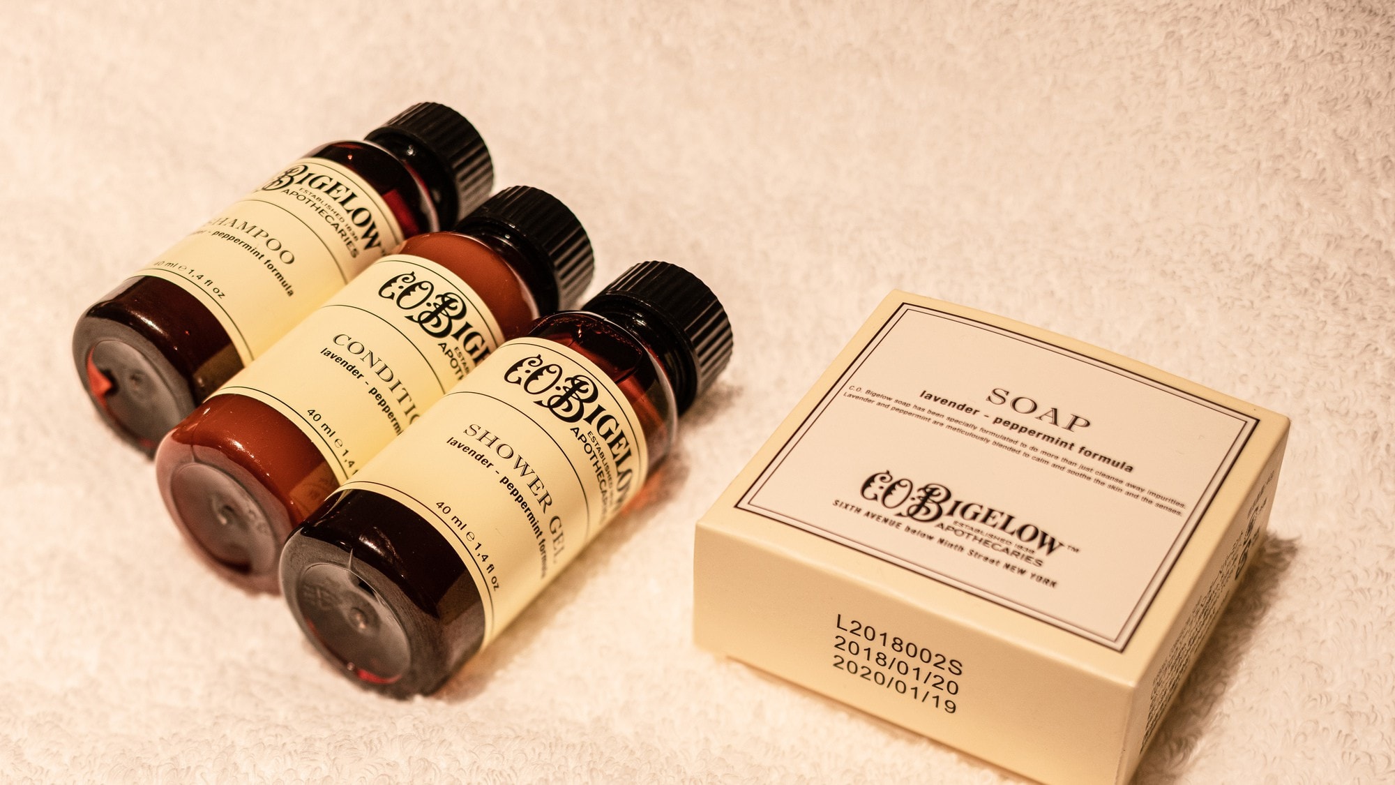 CO Bigelow shampoo, conditioner, shower soap lavender scent