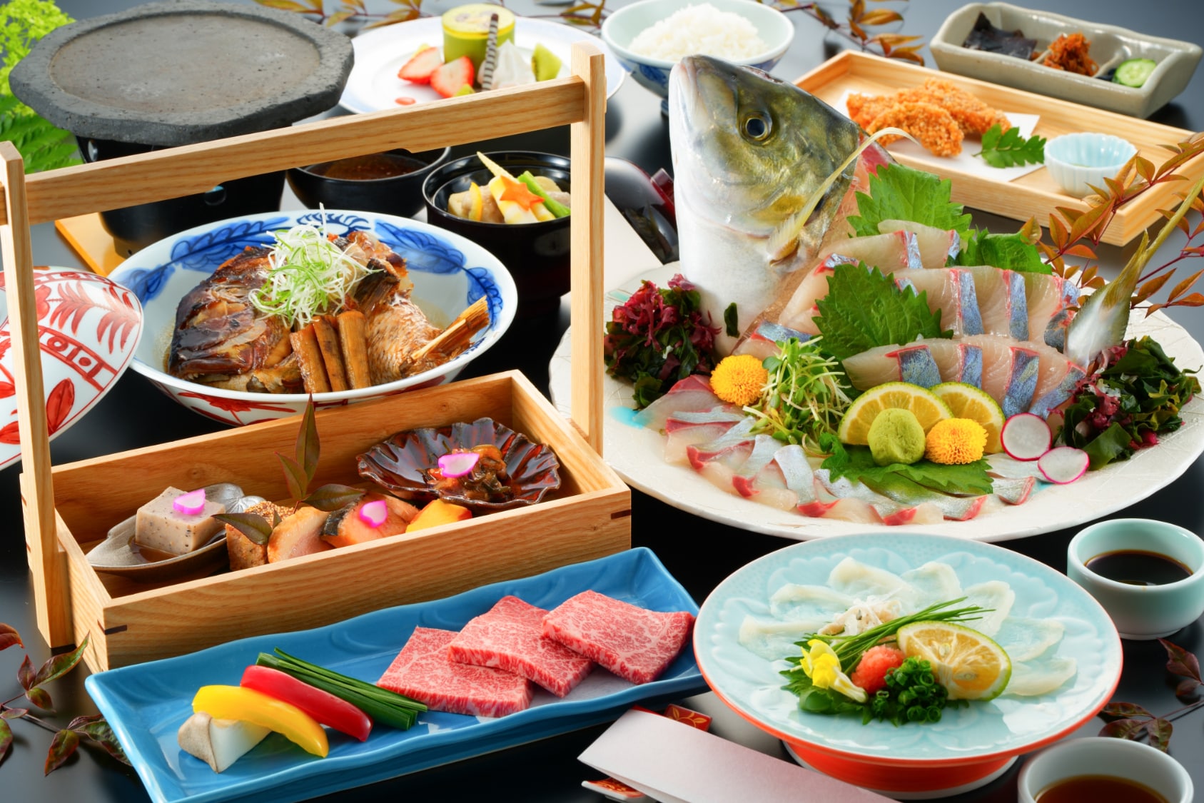 Lava-grilled Oita Wagyu beef and whole Kuroshio striped jack sashimi