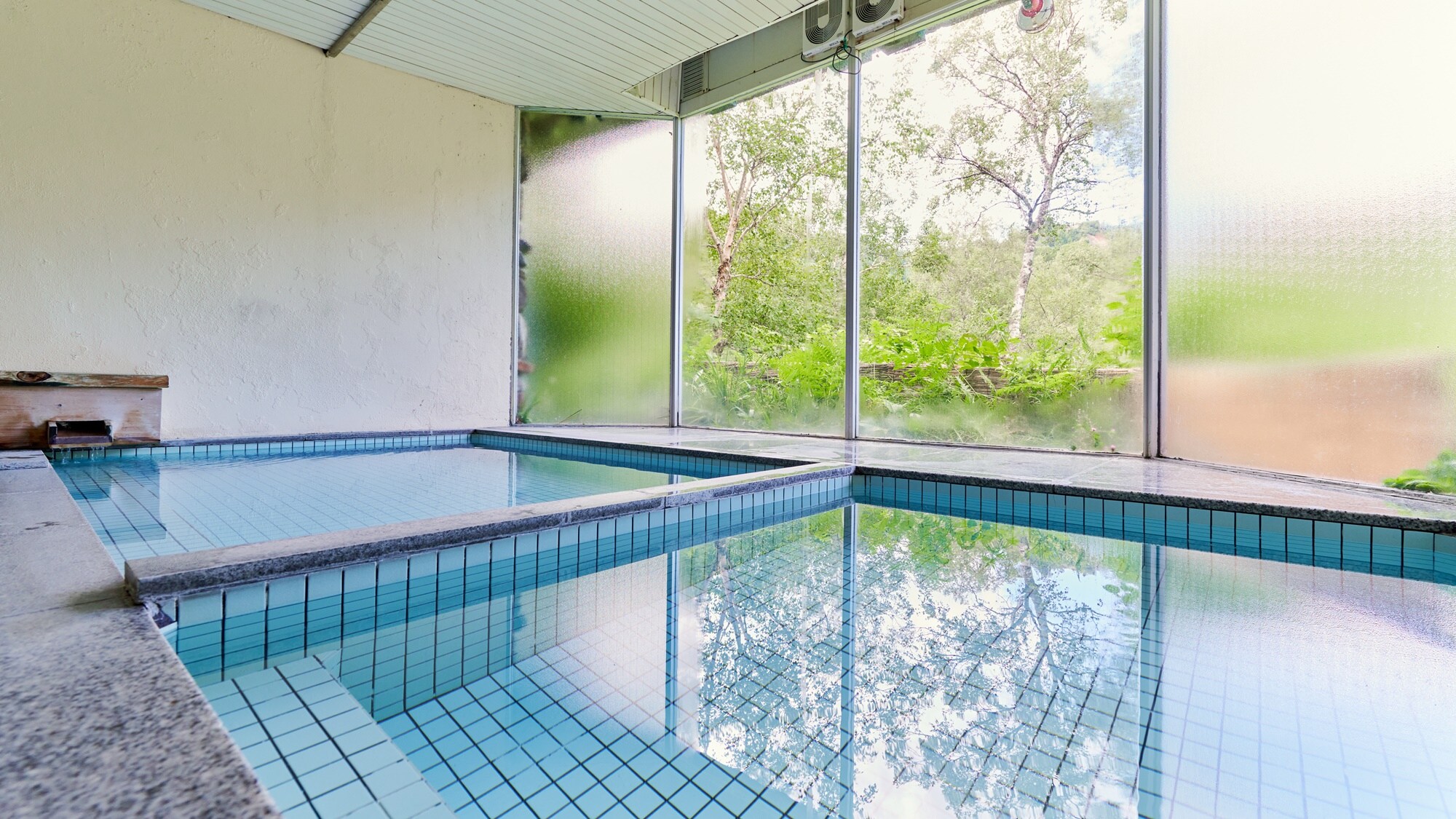 * [Large public bath (for men)] Outside the window is a birch forest where fireflies can be seen in the summer and wild animals can come to play in the winter.