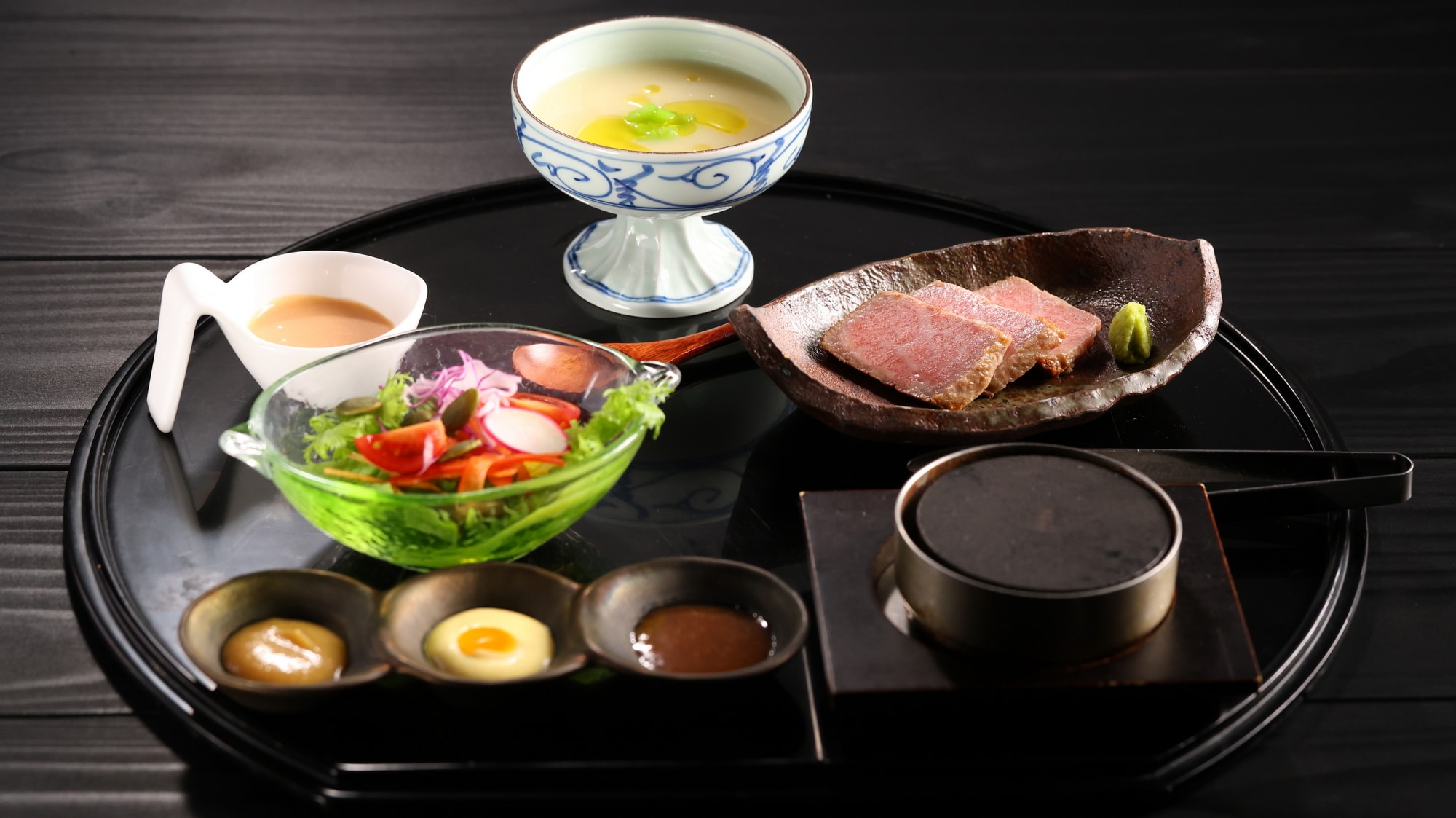 [Autumn 2026] Main Dish / Moon-Viewing Feast Steak Set Meal served with white miso potage and colorful salad