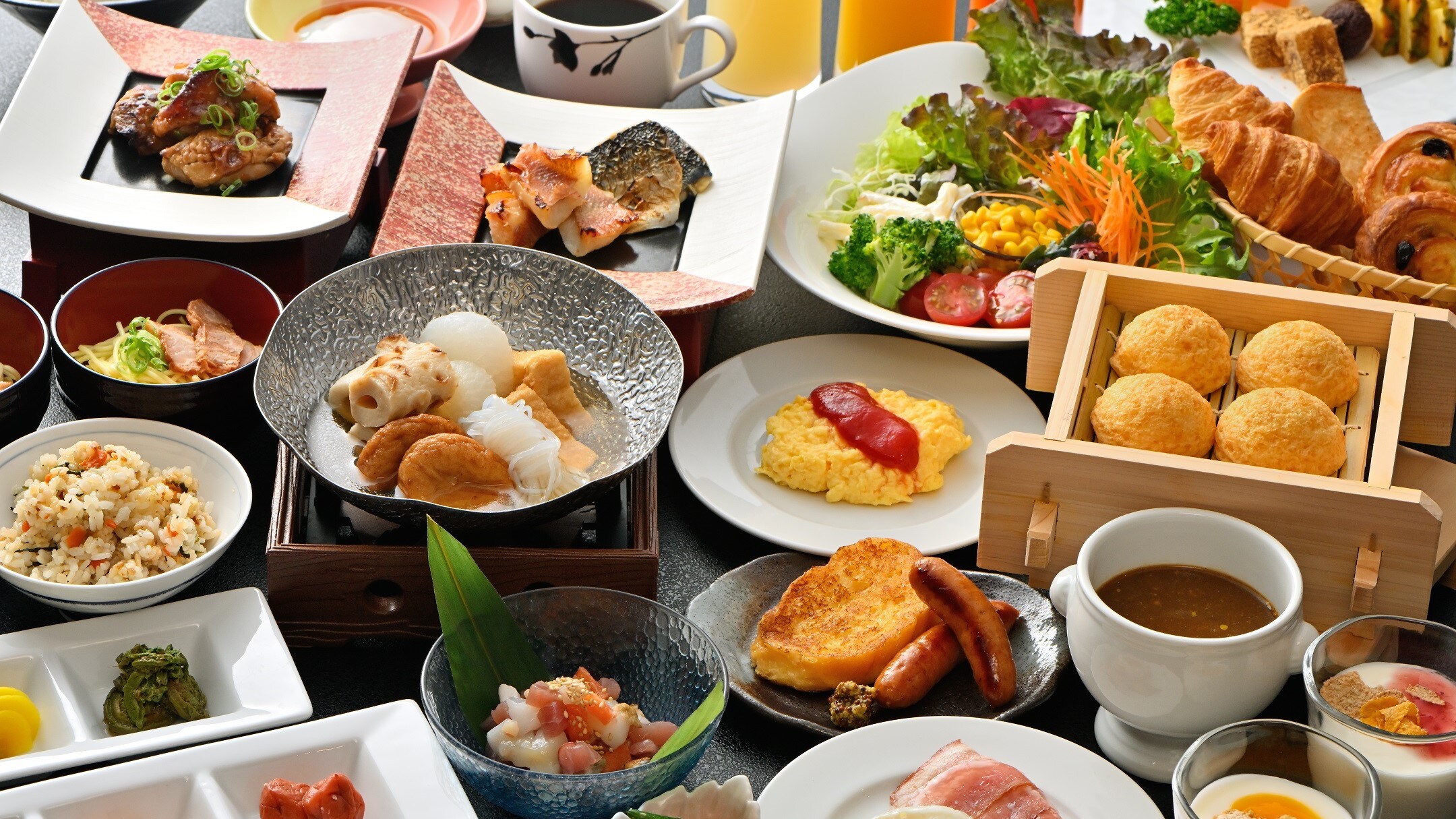 <Ví dụ về cách trình bày tiệc buffet sáng> Chúng tôi chào đón bạn với thực đơn thịnh soạn, bao gồm các món ăn đặc trưng của Himeji.