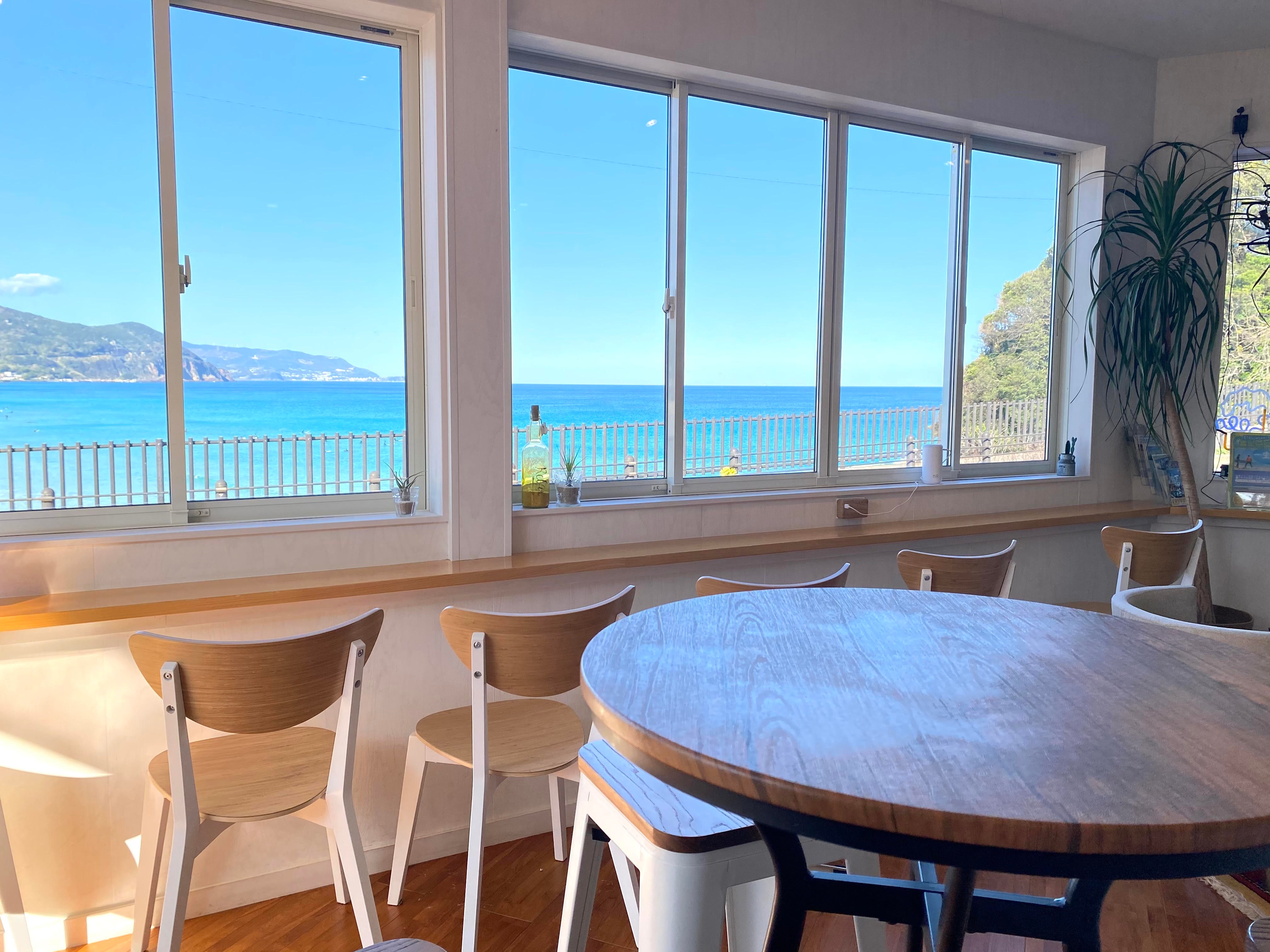 Inside the cafe: The sea