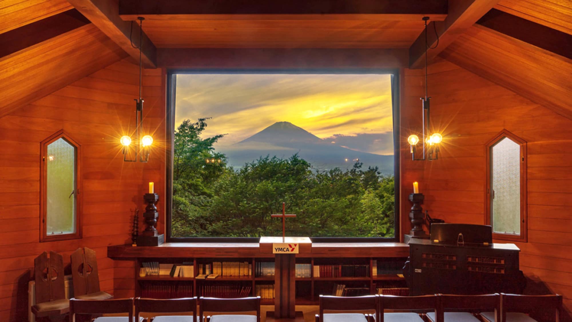 ・Sunset over Mt. Fuji seen from the meditation hall