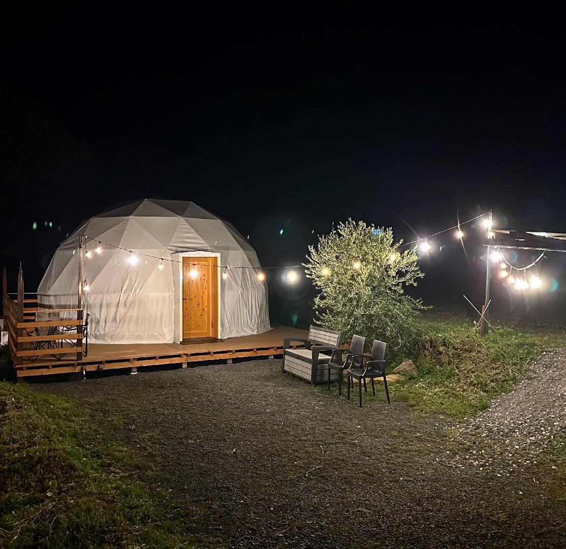 Exterior of the 6m dome tent (night)