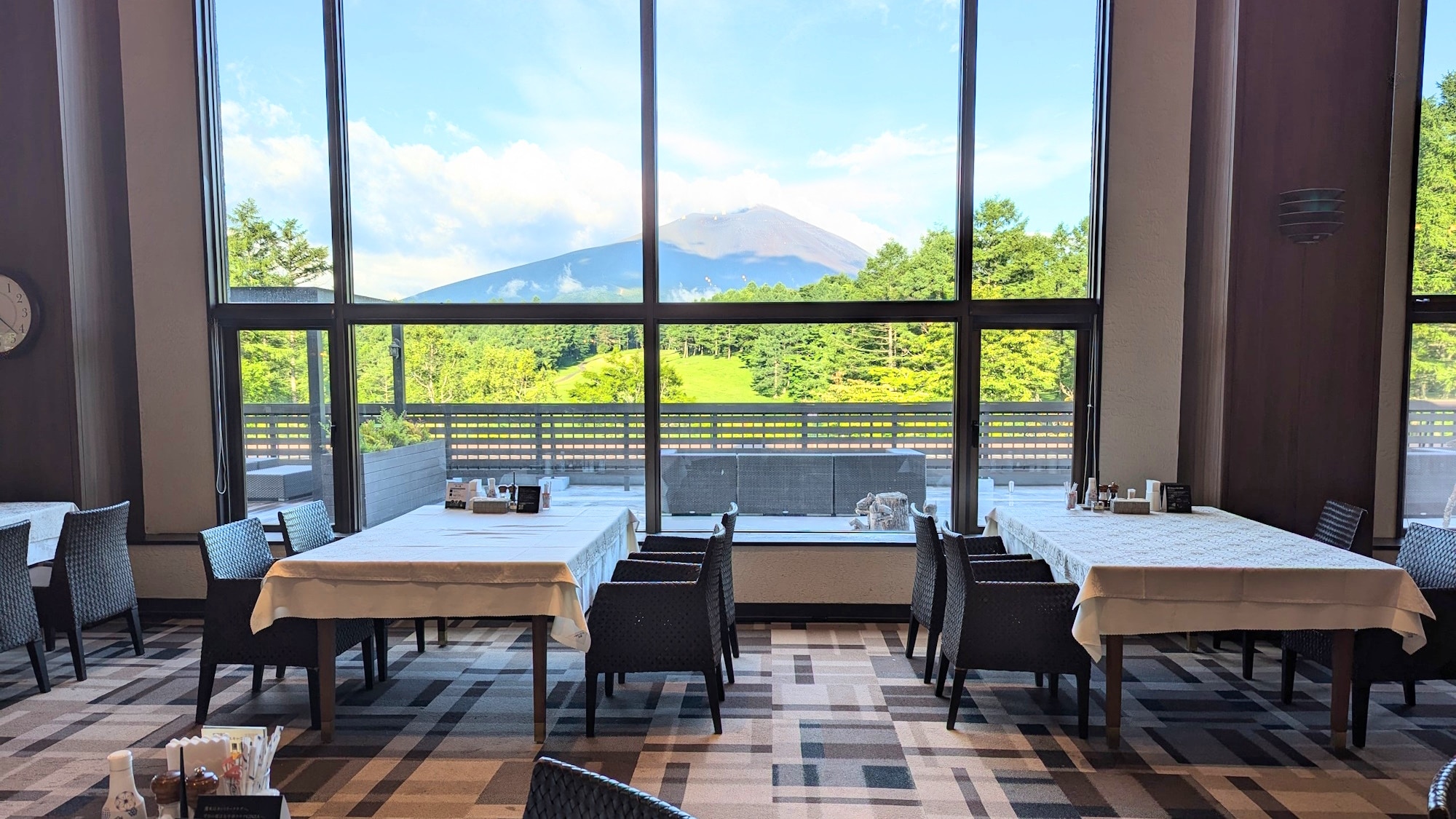 The clubhouse restaurant offers a panoramic view of Mt. Asama on clear days.