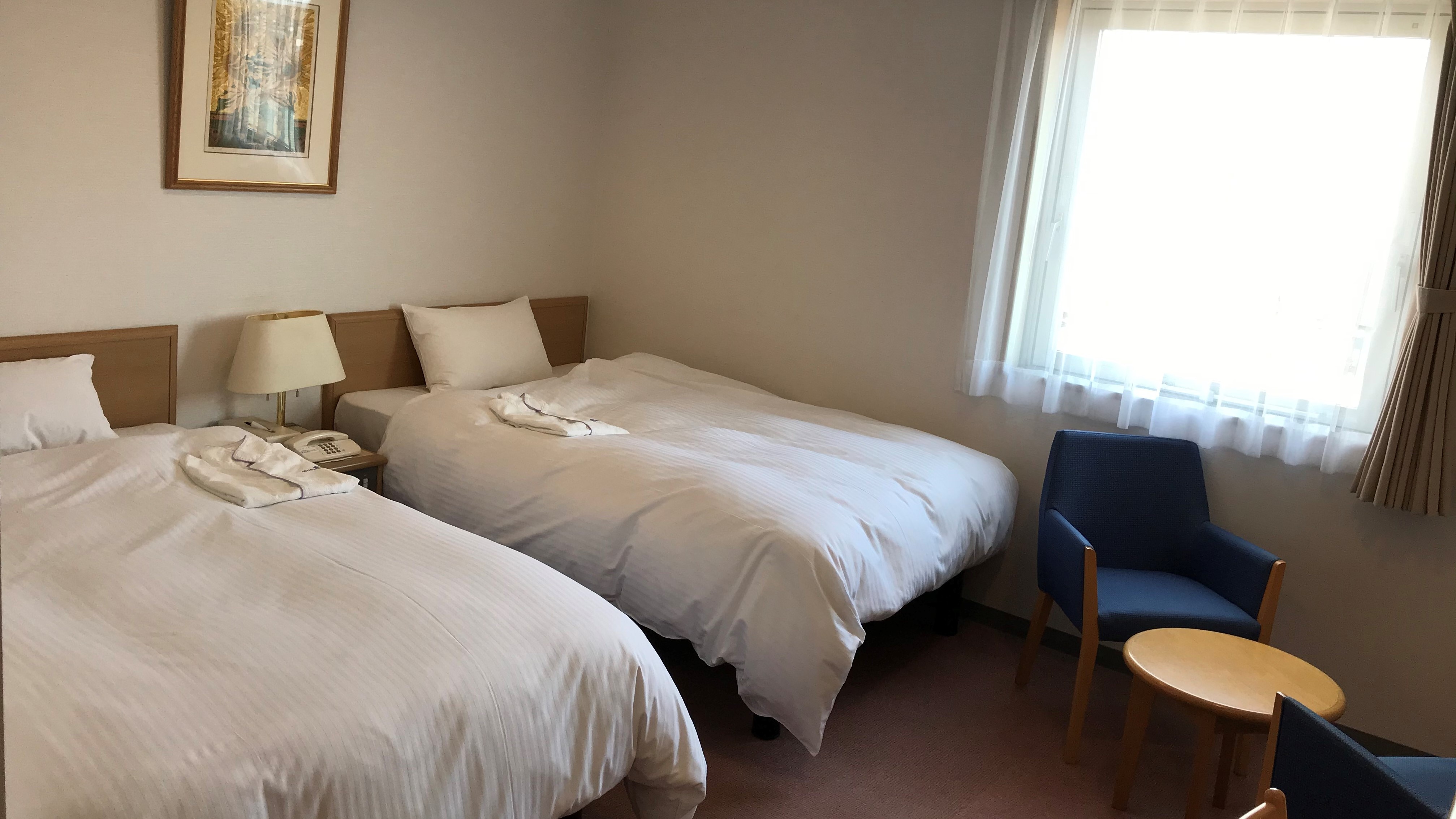 An example of a twin room. Equipped with high-quality duvet-style duvets.