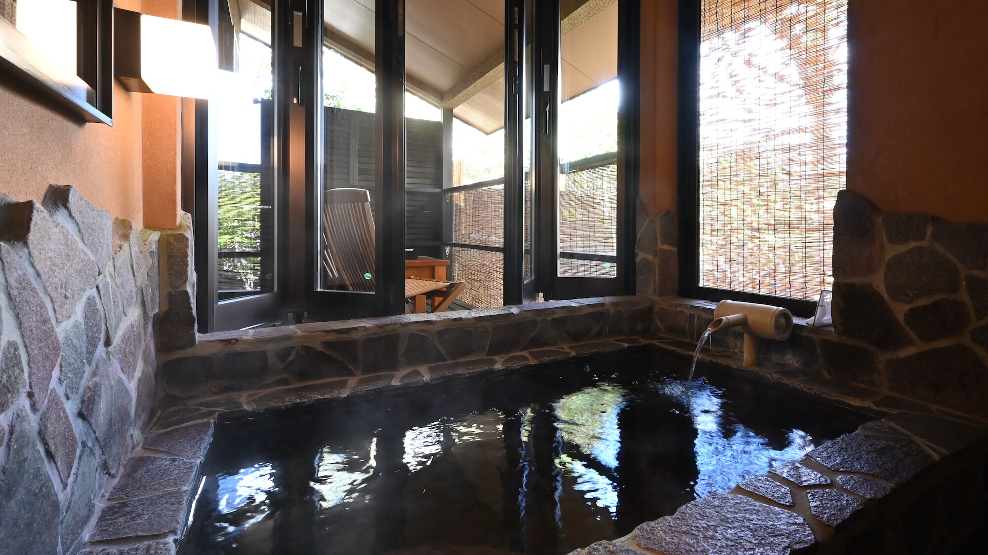 Japanese-Western style room (8 tatami mats + twin room) with semi-open-air bath