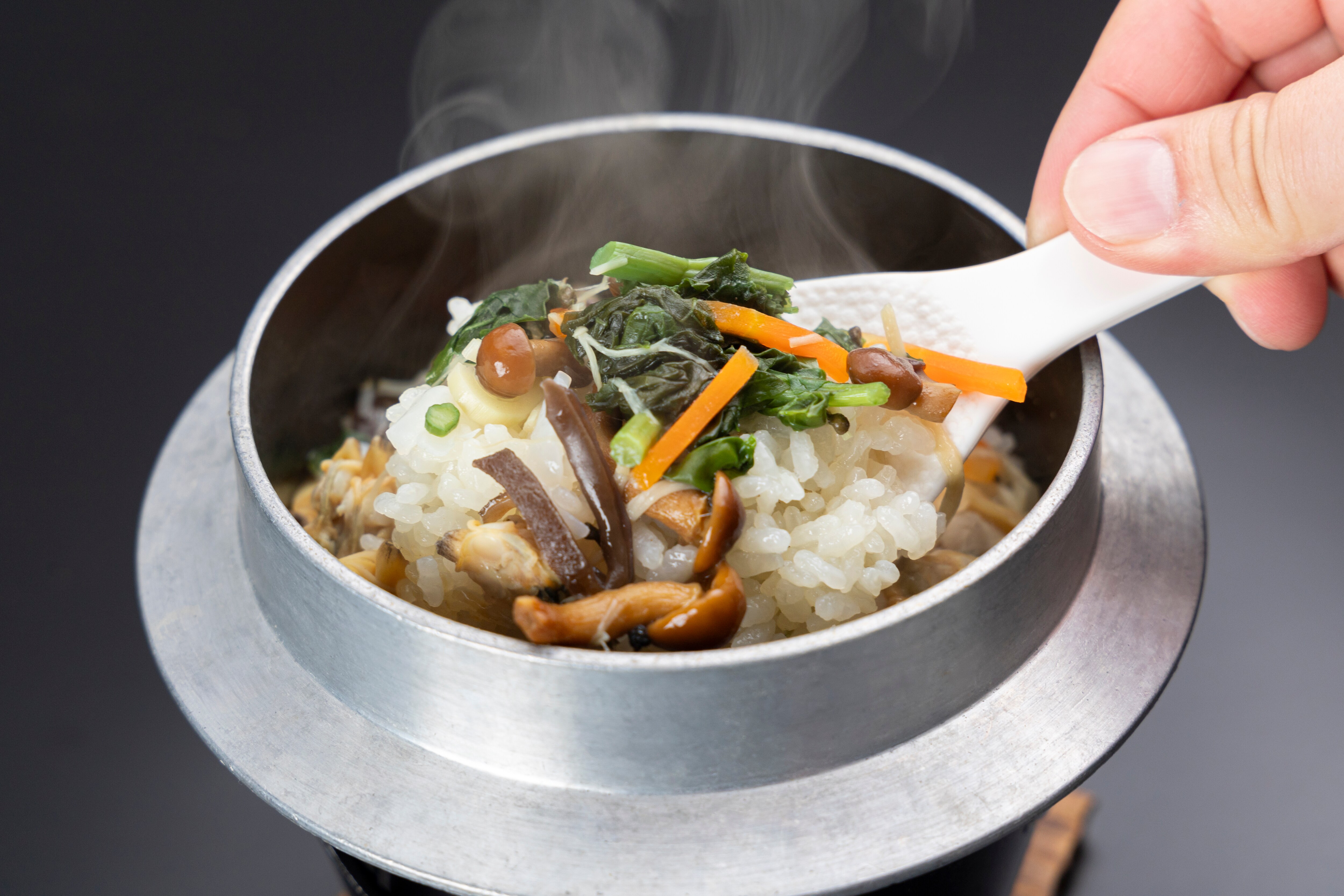 White rice cooked in a pot