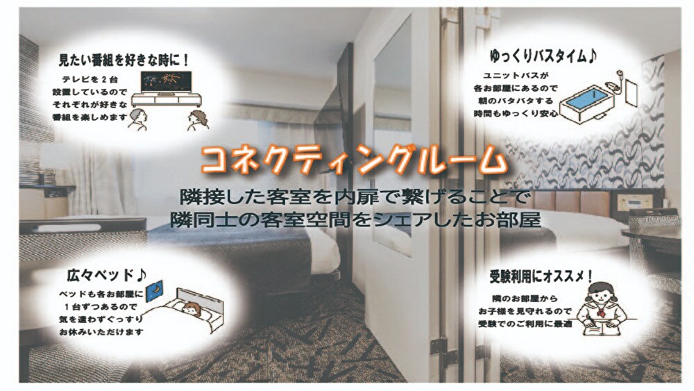 Two connecting rooms, each equipped with a TV, bathroom and toilet