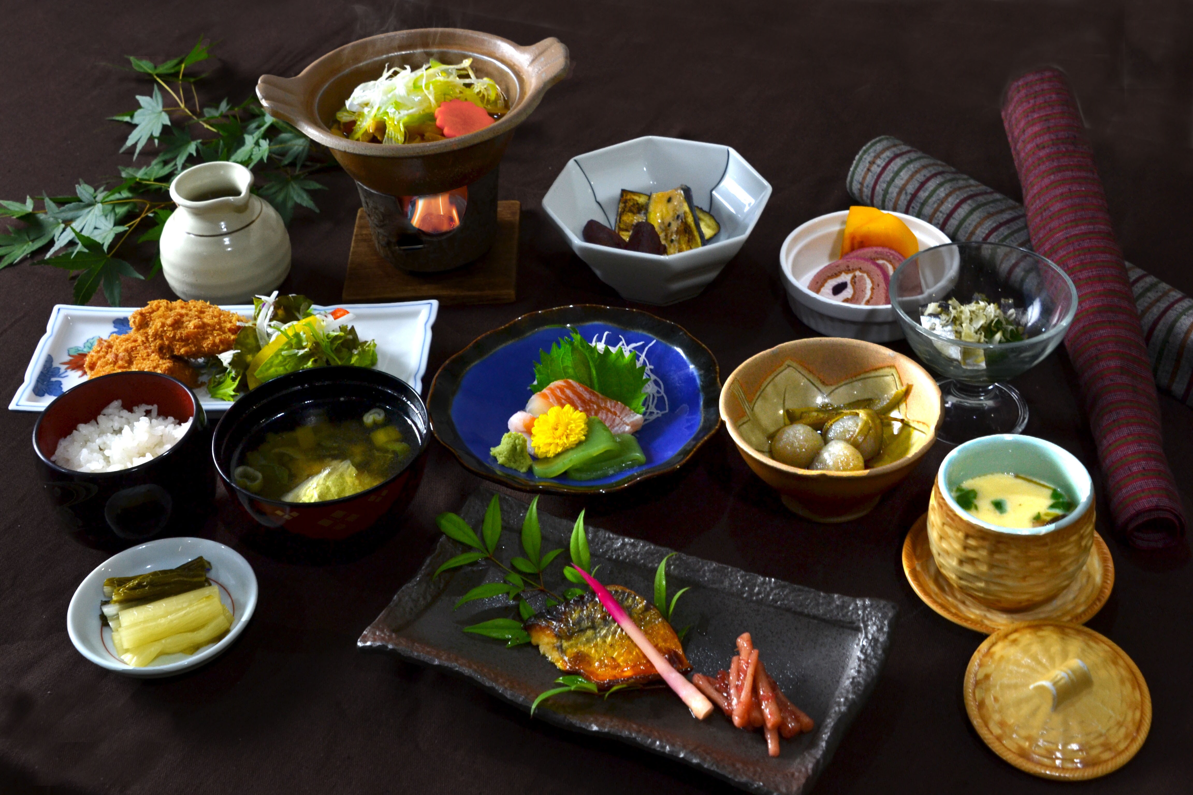 An example of an Ogano meal (rice, dessert, etc. are served buffet style)