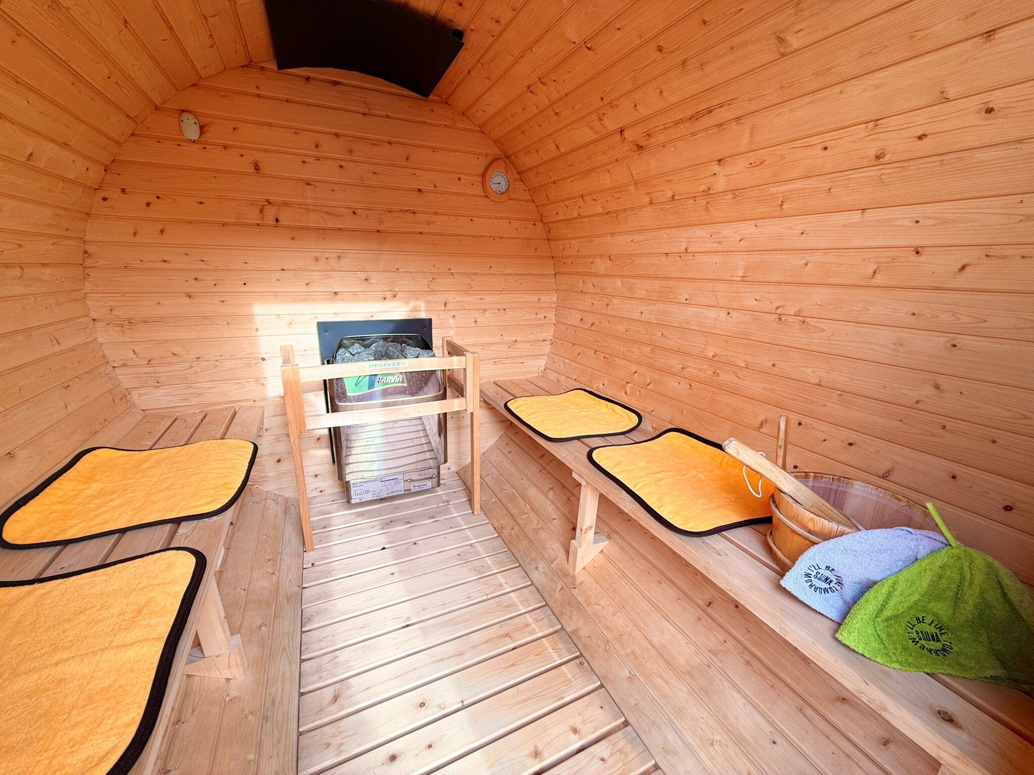 A barrel sauna made from domestic cypress