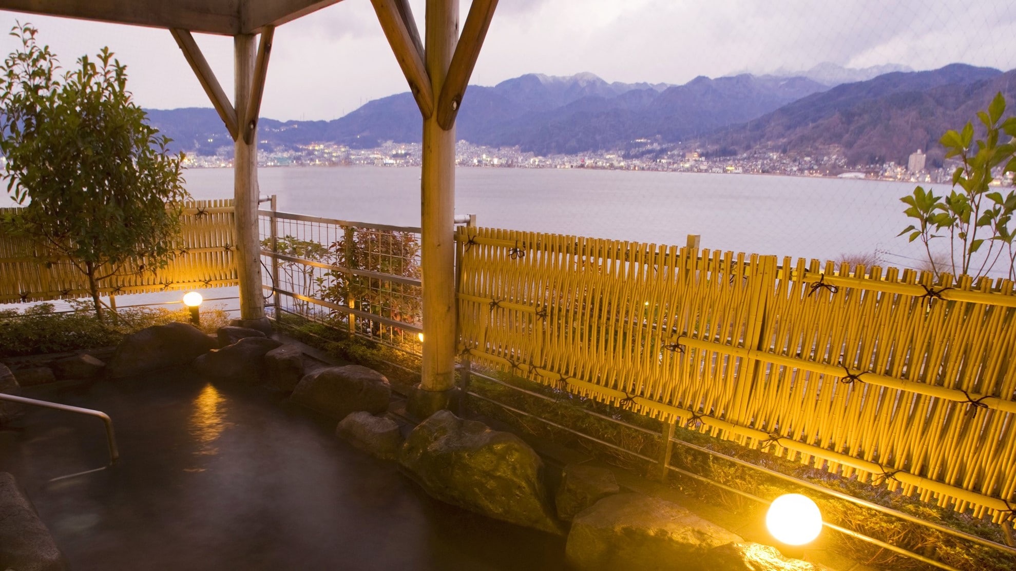 Open-air bath overlooking Lake Suwa