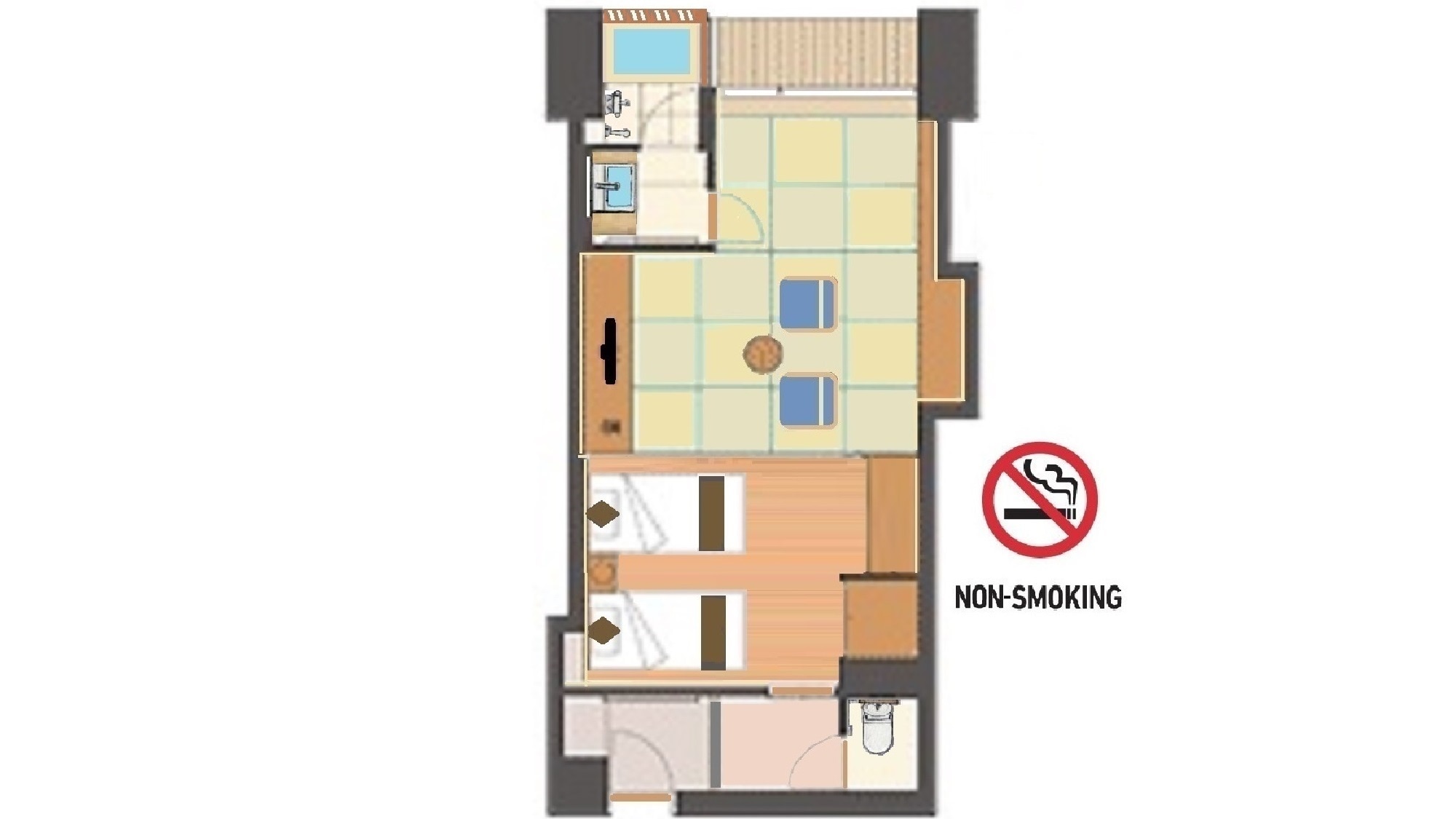 Contoh denah lantai: Kamar bergaya Jepang dan Barat dengan pemandian cemara semi-terbuka di Gedung Barat (bebas rokok)