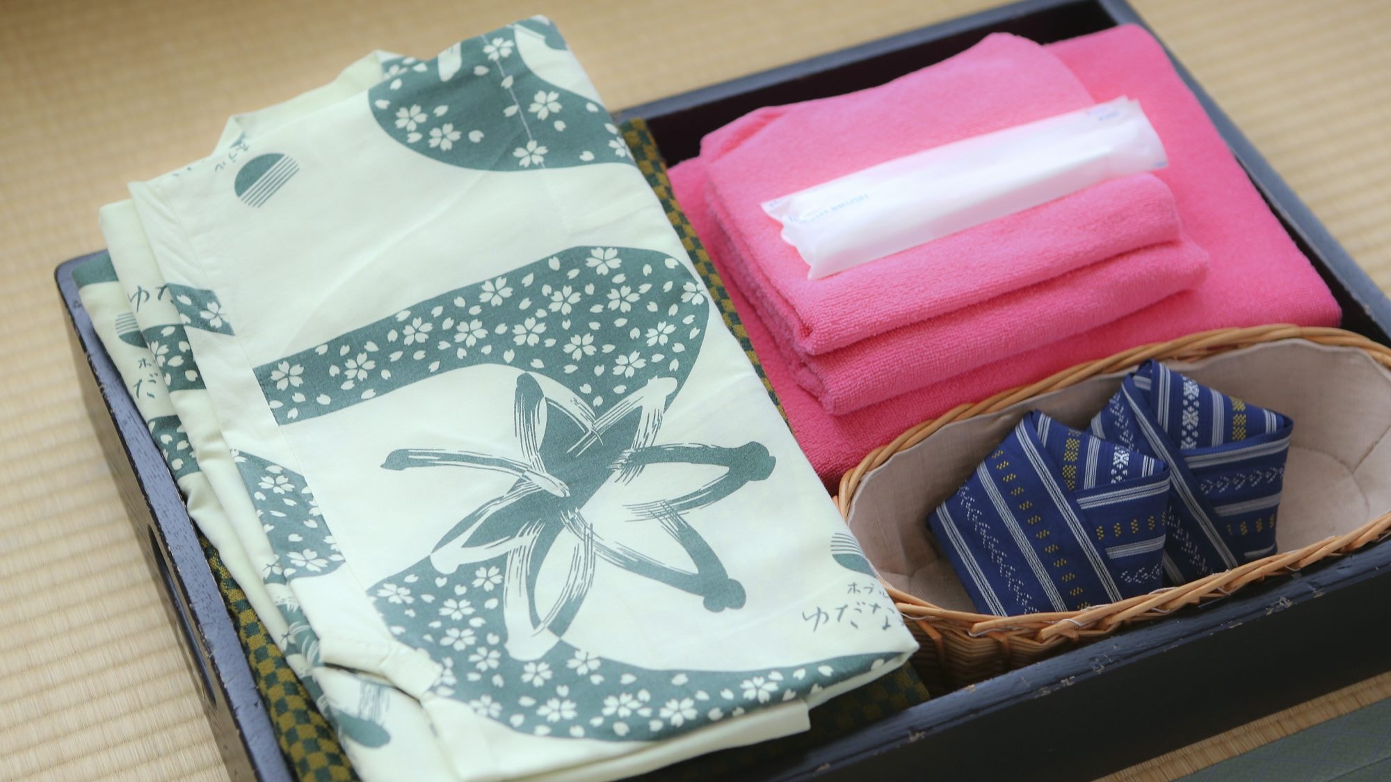 Yukata, towels, bath towels, toothbrushes and razors are available.