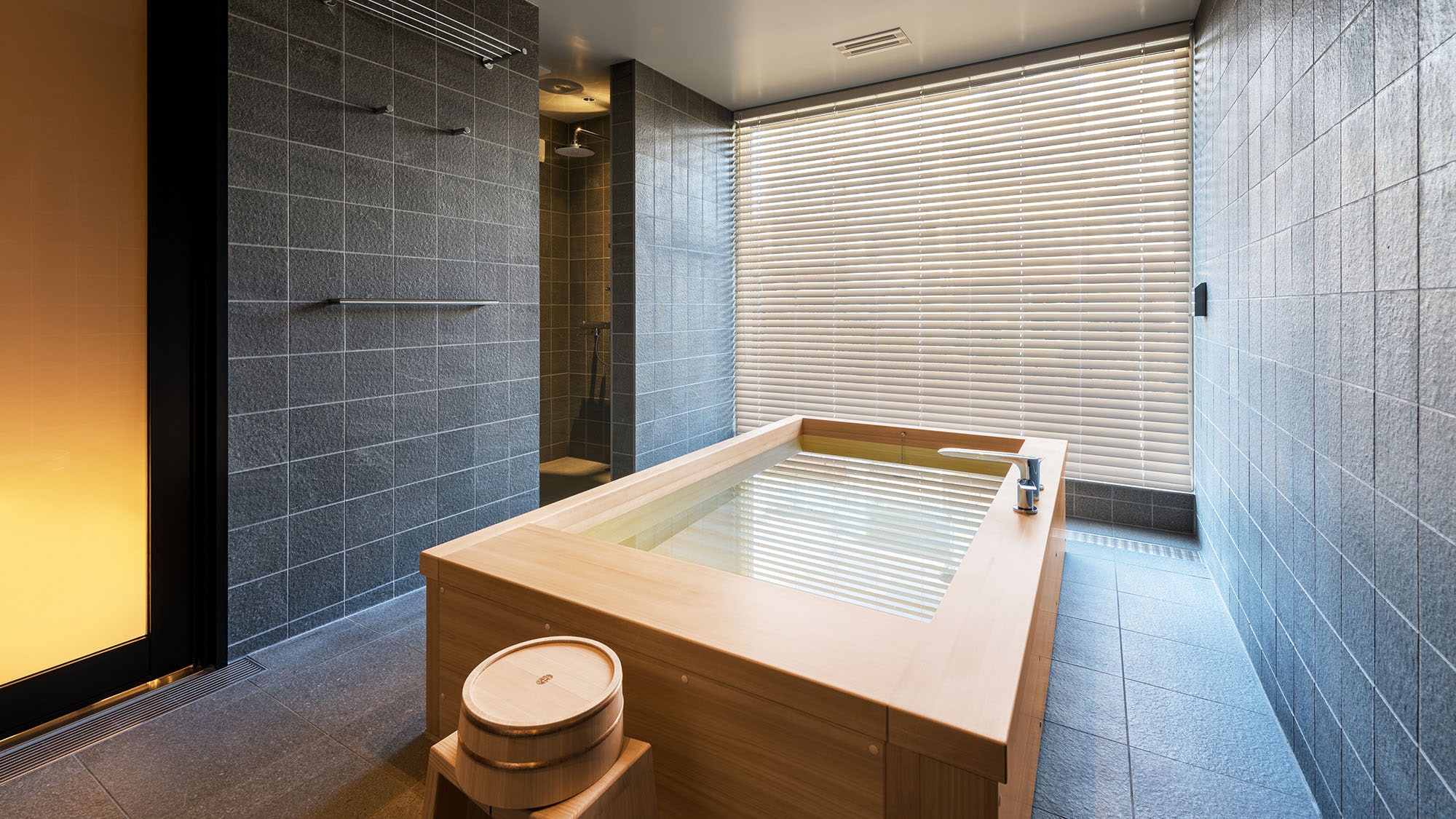 Rented townhouse (detached house at THE MACHIYA HOTEL TAKAYAMA) - Bathroom made of locally produced cypress