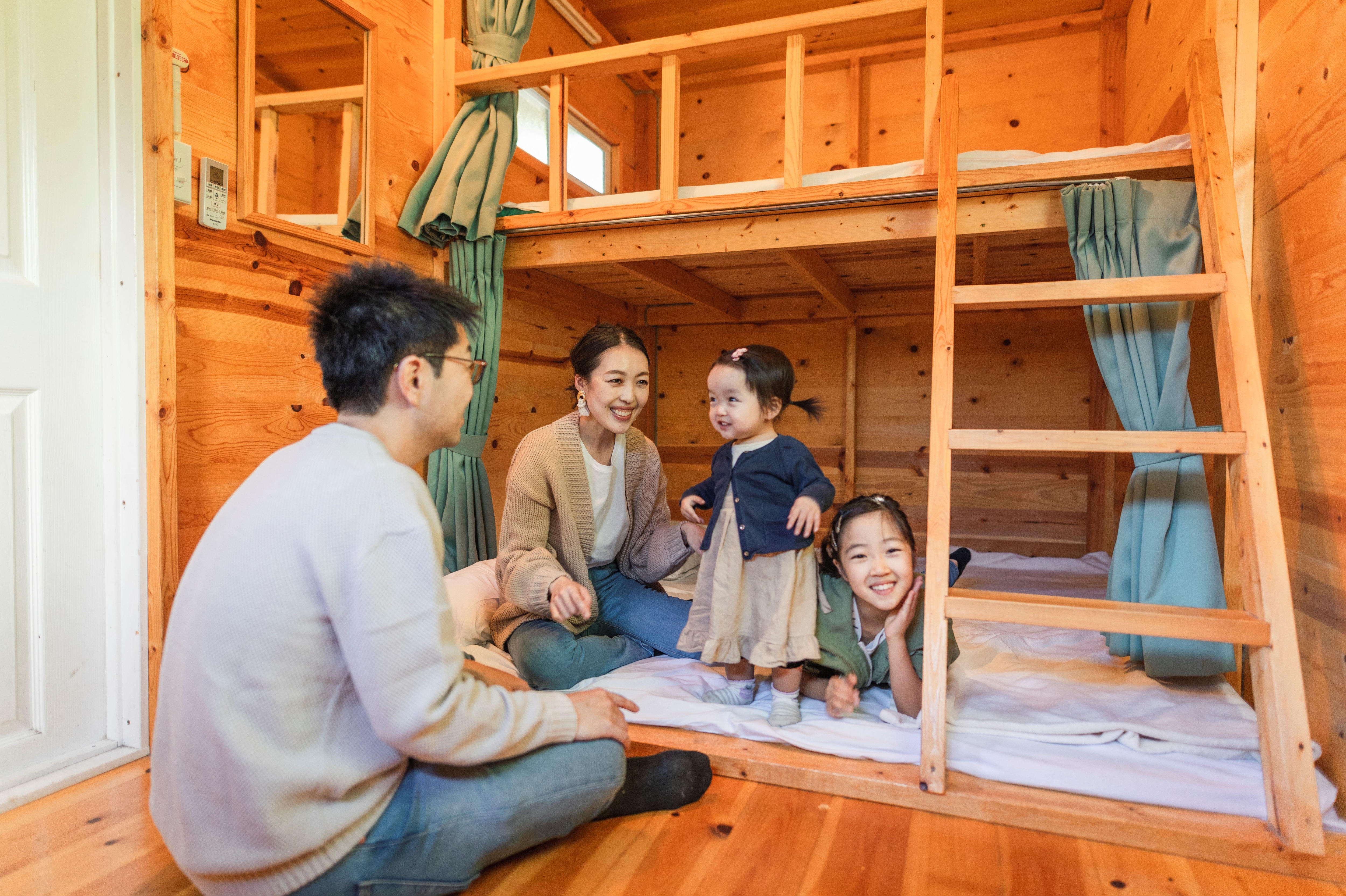 Forest and starry sky camp village log cabin interior