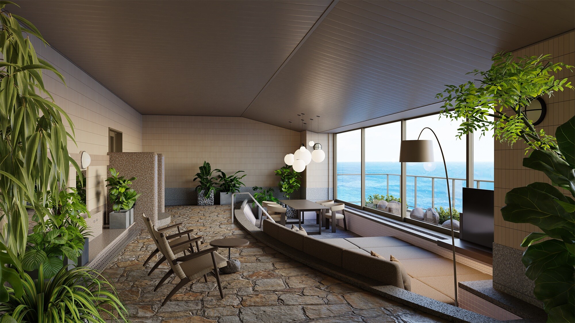 [ห้องอาบน้ำใหญ่เดิม] มีอ่างอาบน้ำกลางแจ้งพร้อมวิวทะเลจากแหล่งน้ำและซาวน่า