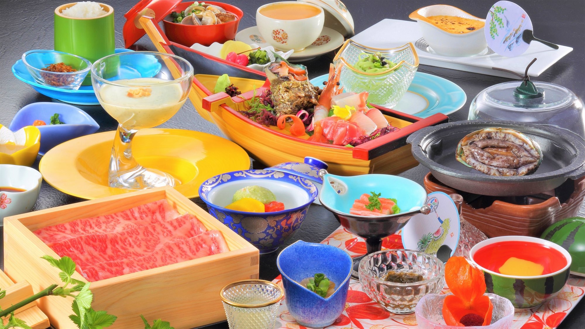 [Makan Malam] Abalon hidup dipanggang di atas piring keramik & mata air panas daging sapi Yamagata dikukus kaiseki Jepang (musim panas)
