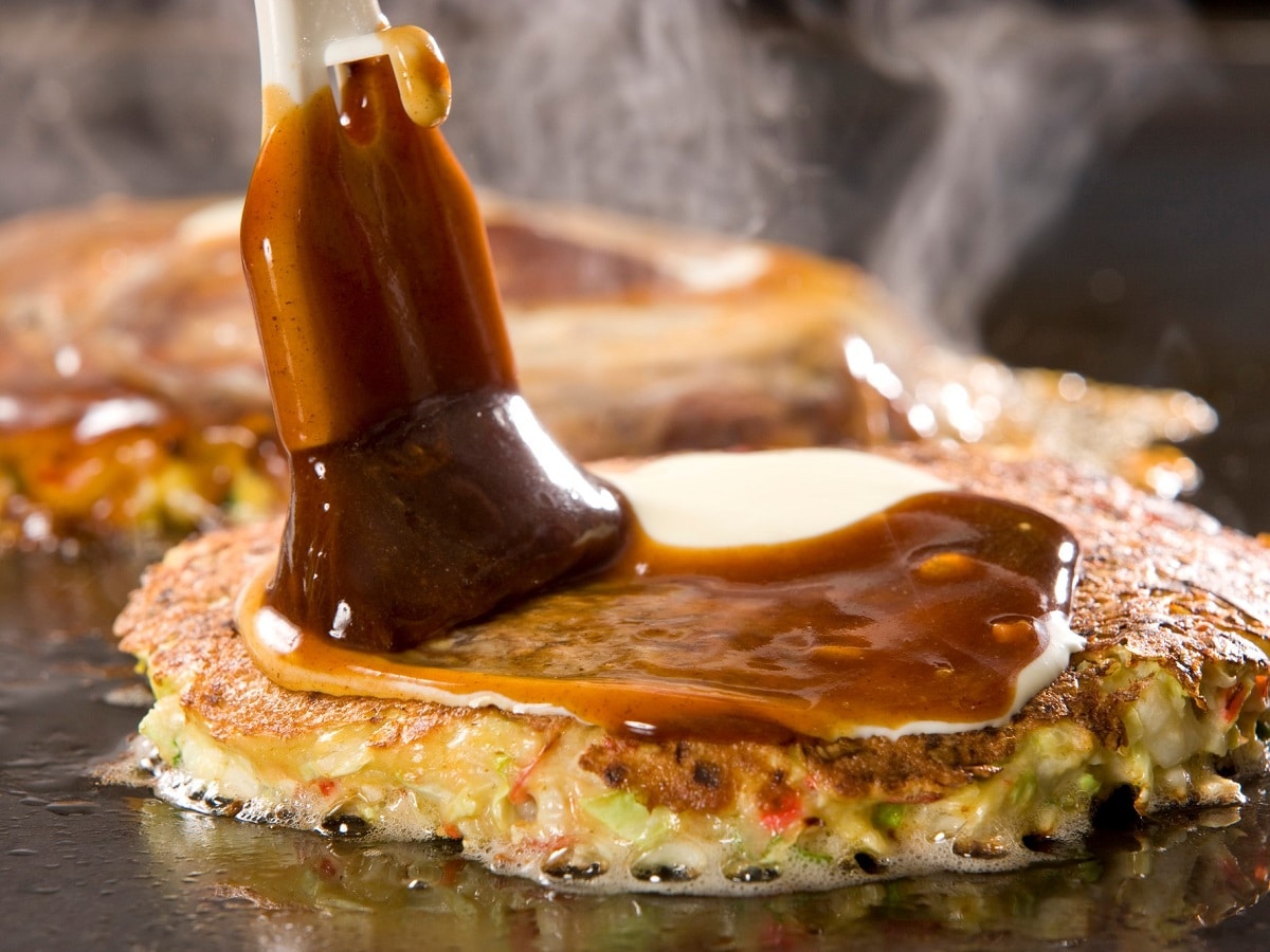Freshly baked okonomiyaki with special sauce