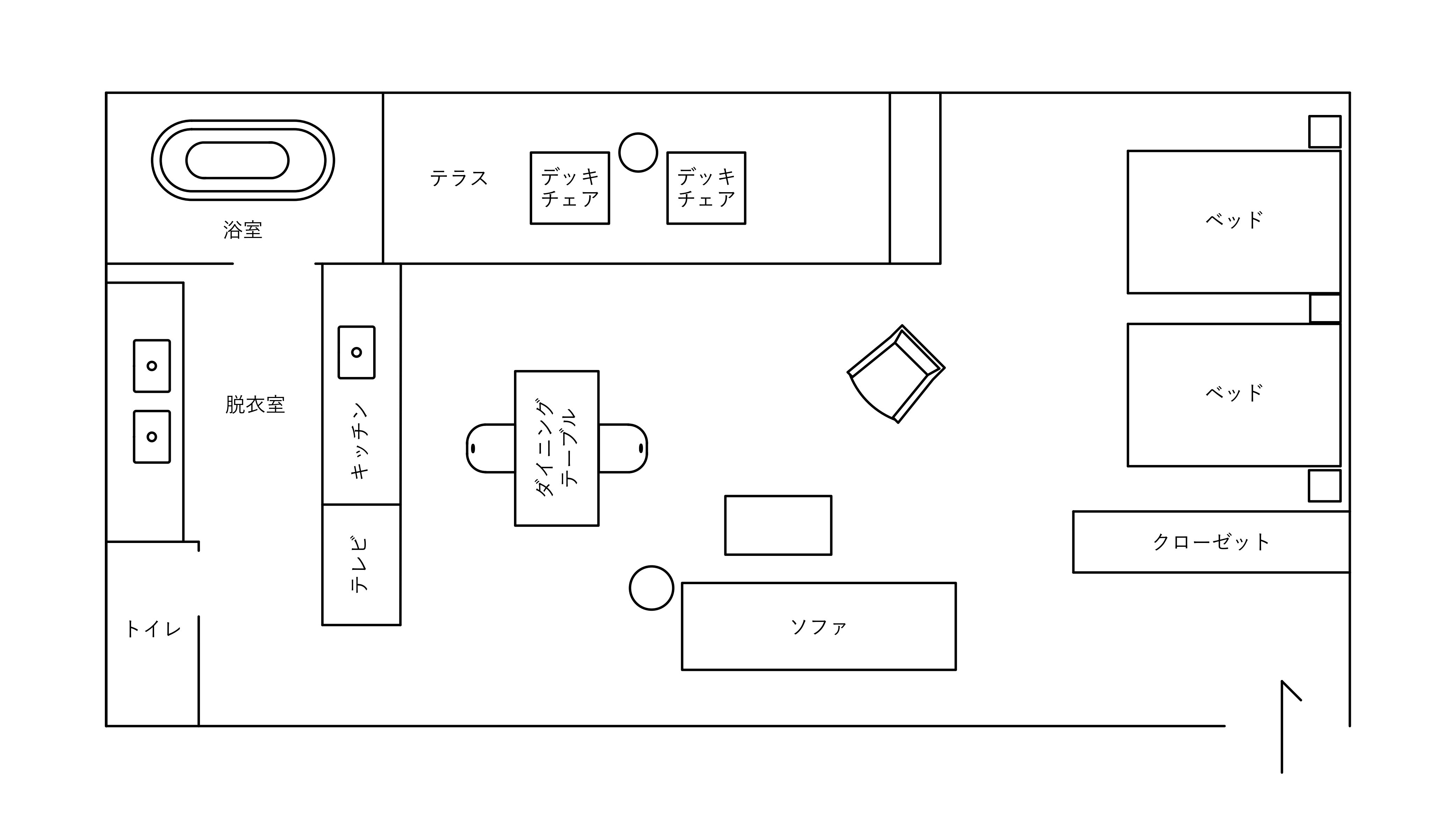 [202] A guest room equipped with simple furniture that reflects the quality of the materials.