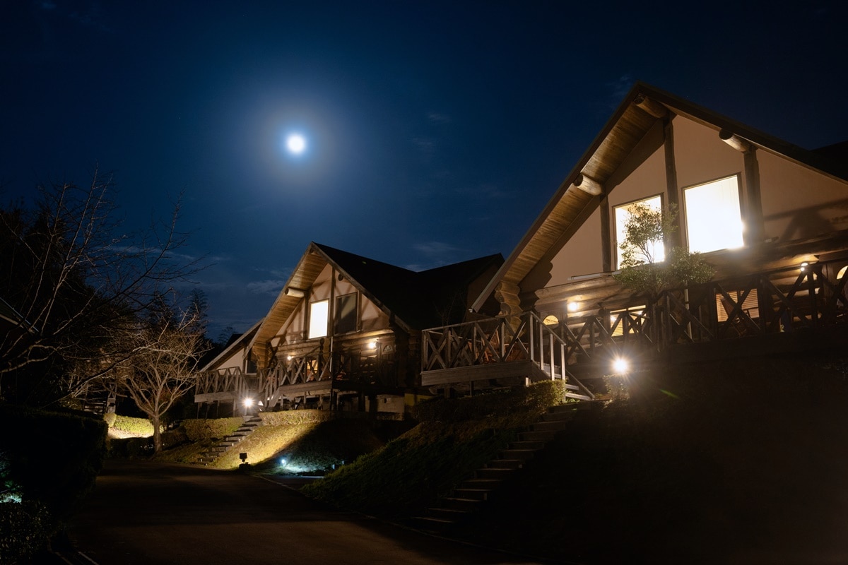 Log house at night