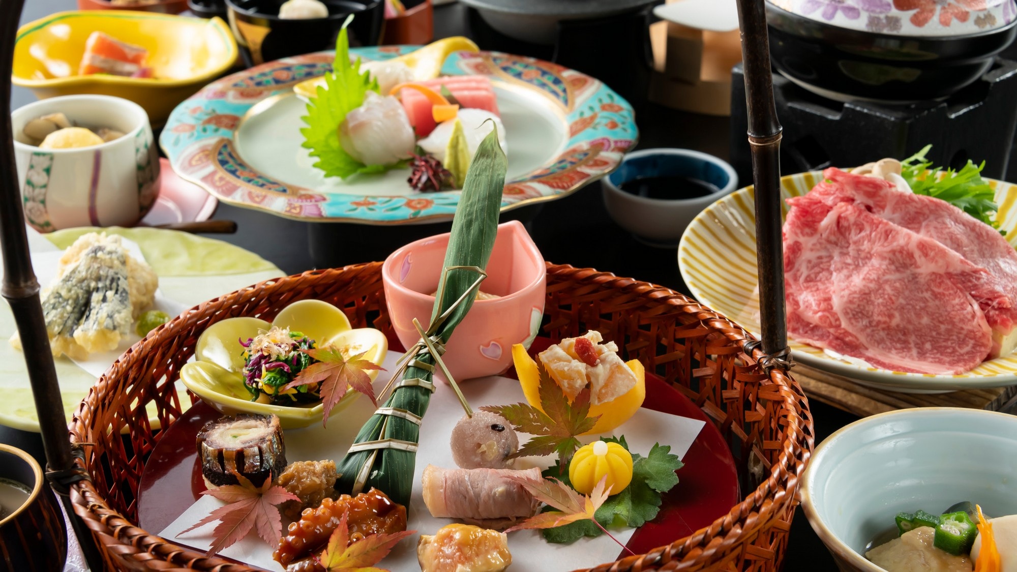 An example of an appetizer - a basket arrangement that represents the rich nature of Kinugawa