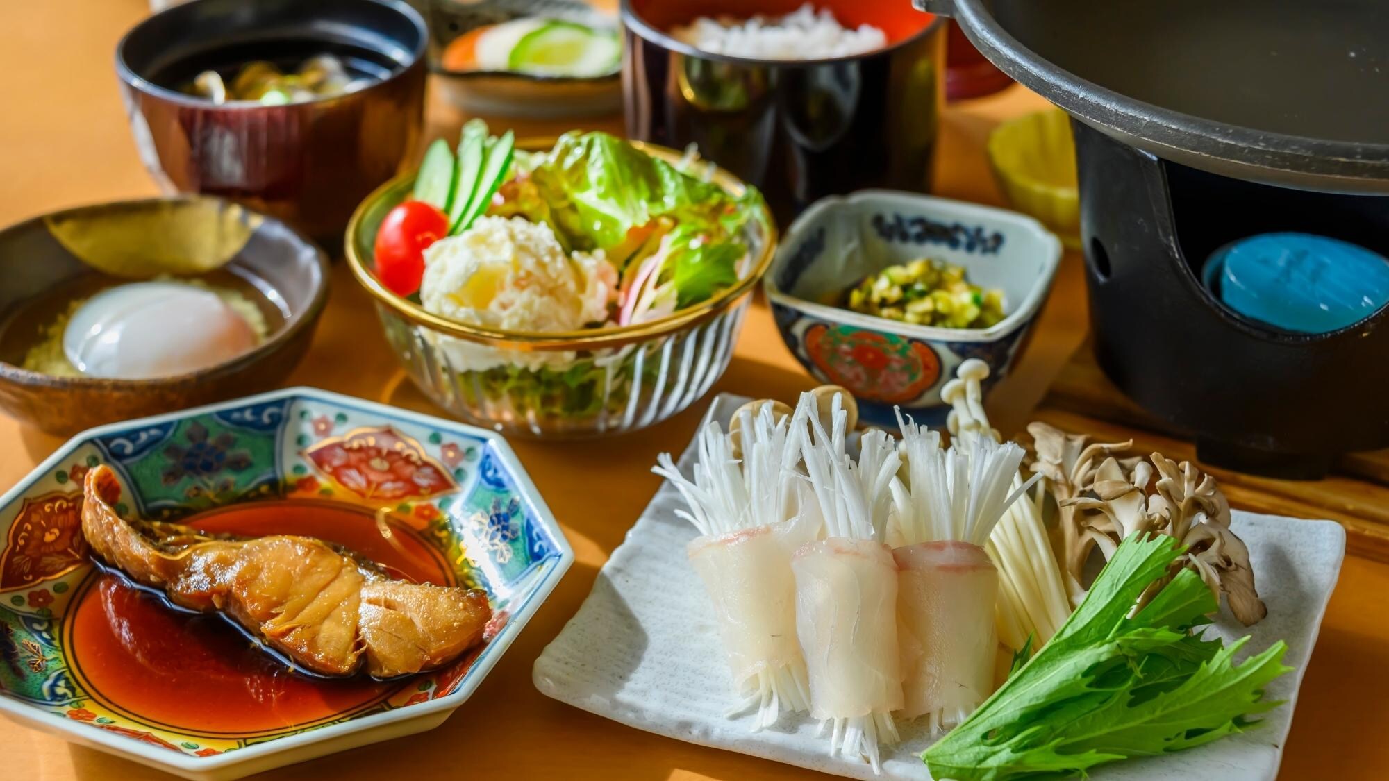 The hearty Japanese breakfast includes grilled fish and salad, with an emphasis on balance.