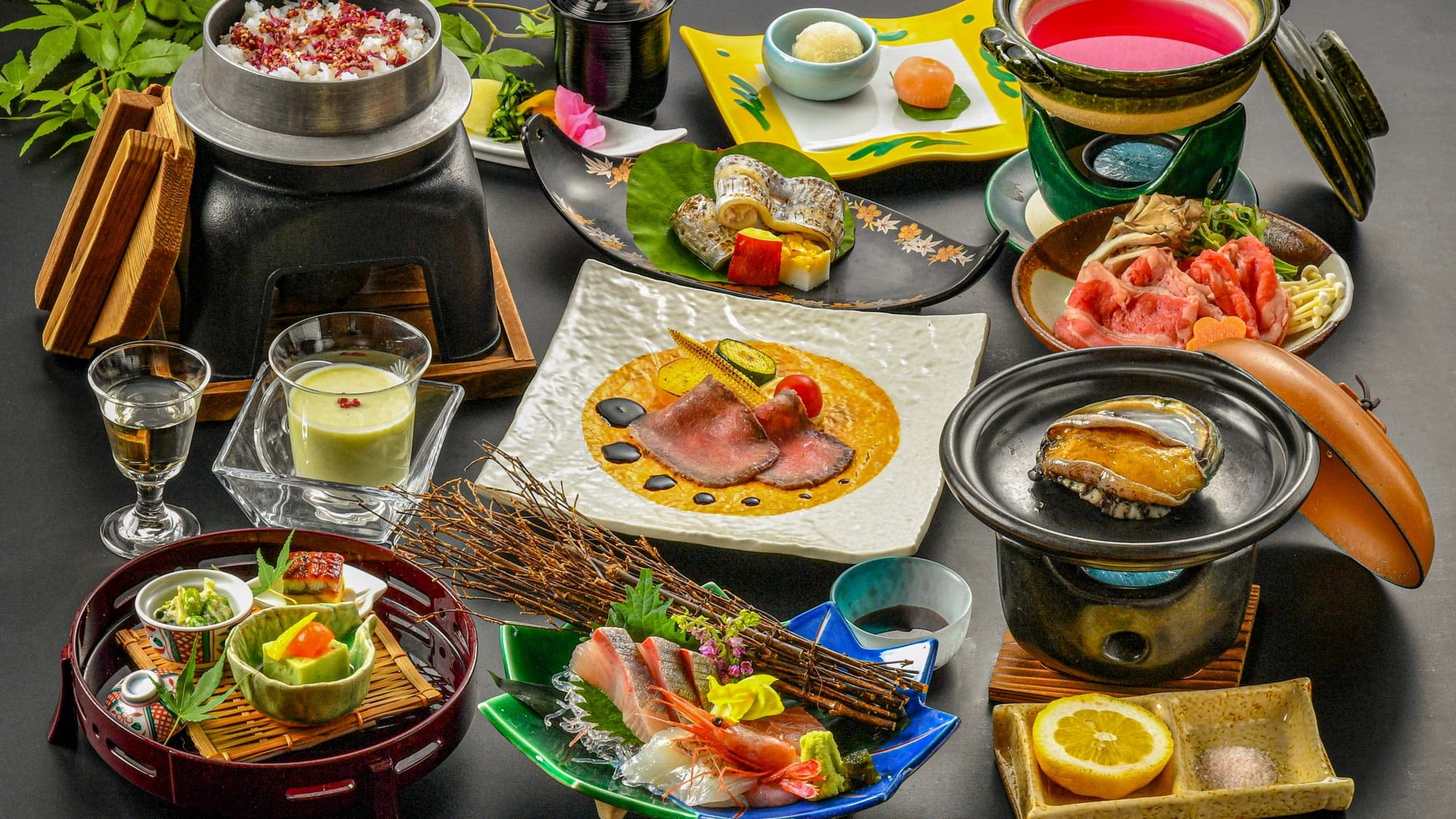 Bữa tối: Kaiseki mùa hè cơ bản *Đây là thực đơn mẫu từ khoảng ngày 15 tháng 6 năm 2024 (Thứ Bảy) đến khoảng ngày 14 tháng 9 năm 2024 (Thứ Bảy).