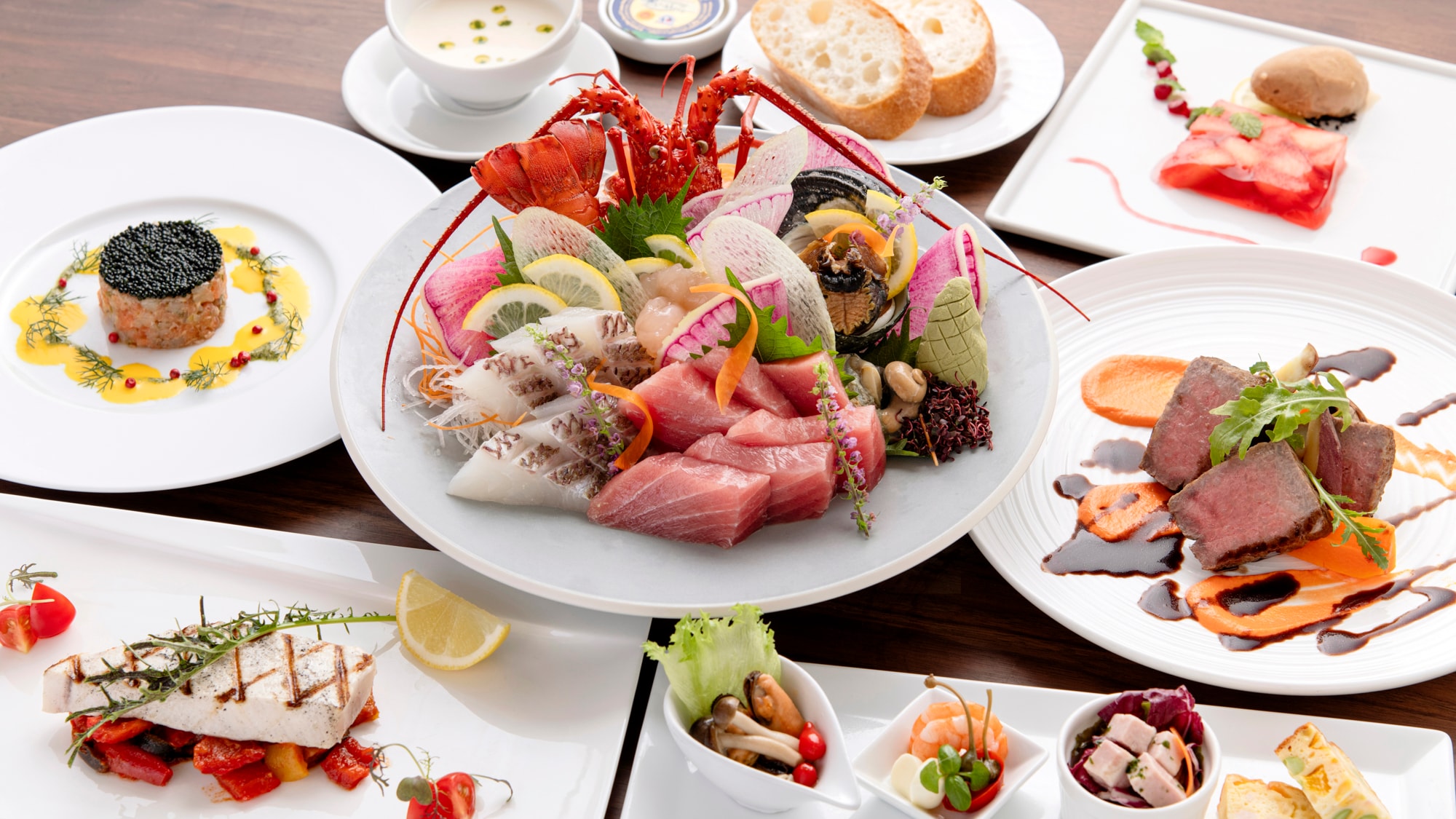 A creative French course with spiny lobster and seasonal sashimi assortment (example)