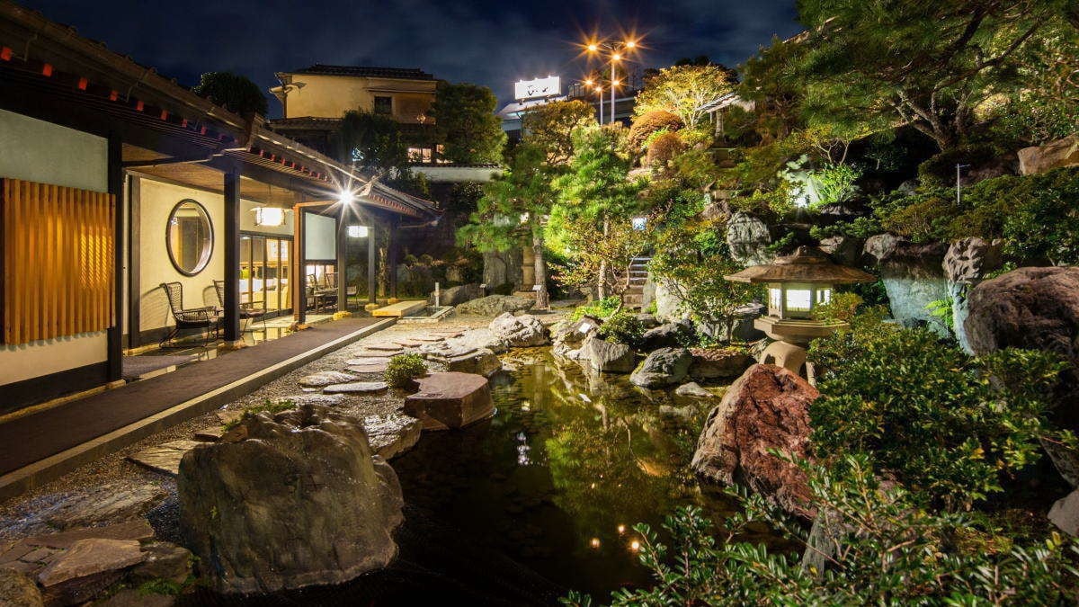 A different view of a Japanese garden at night
