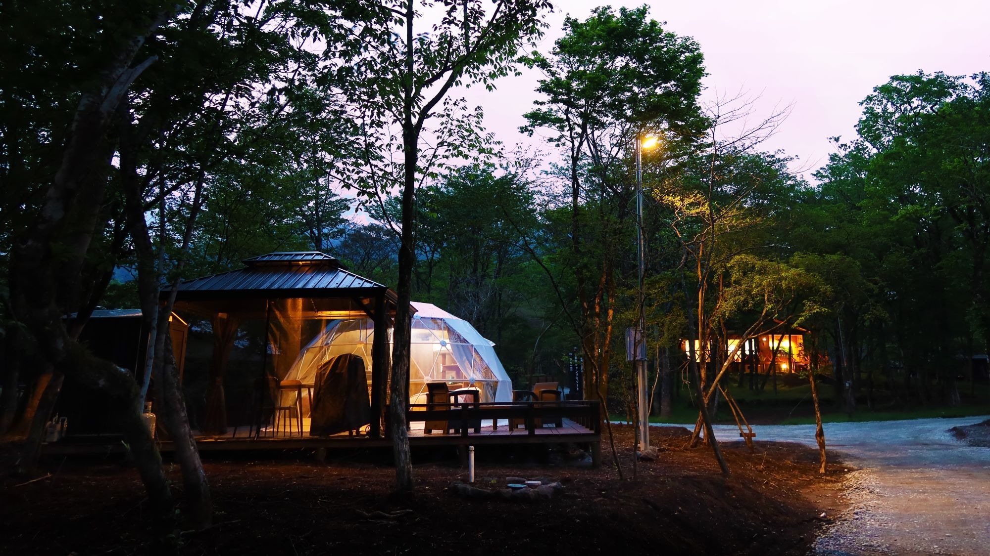 Glamping site in the evening