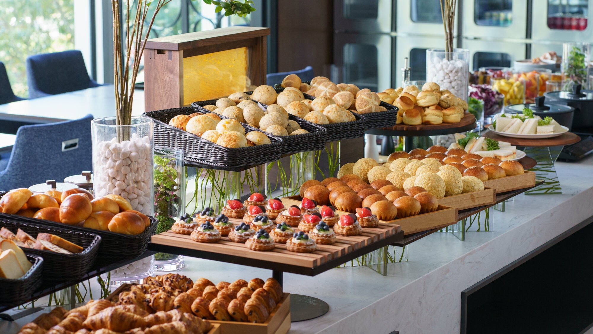 Buffet-style breakfast with freshly baked bread