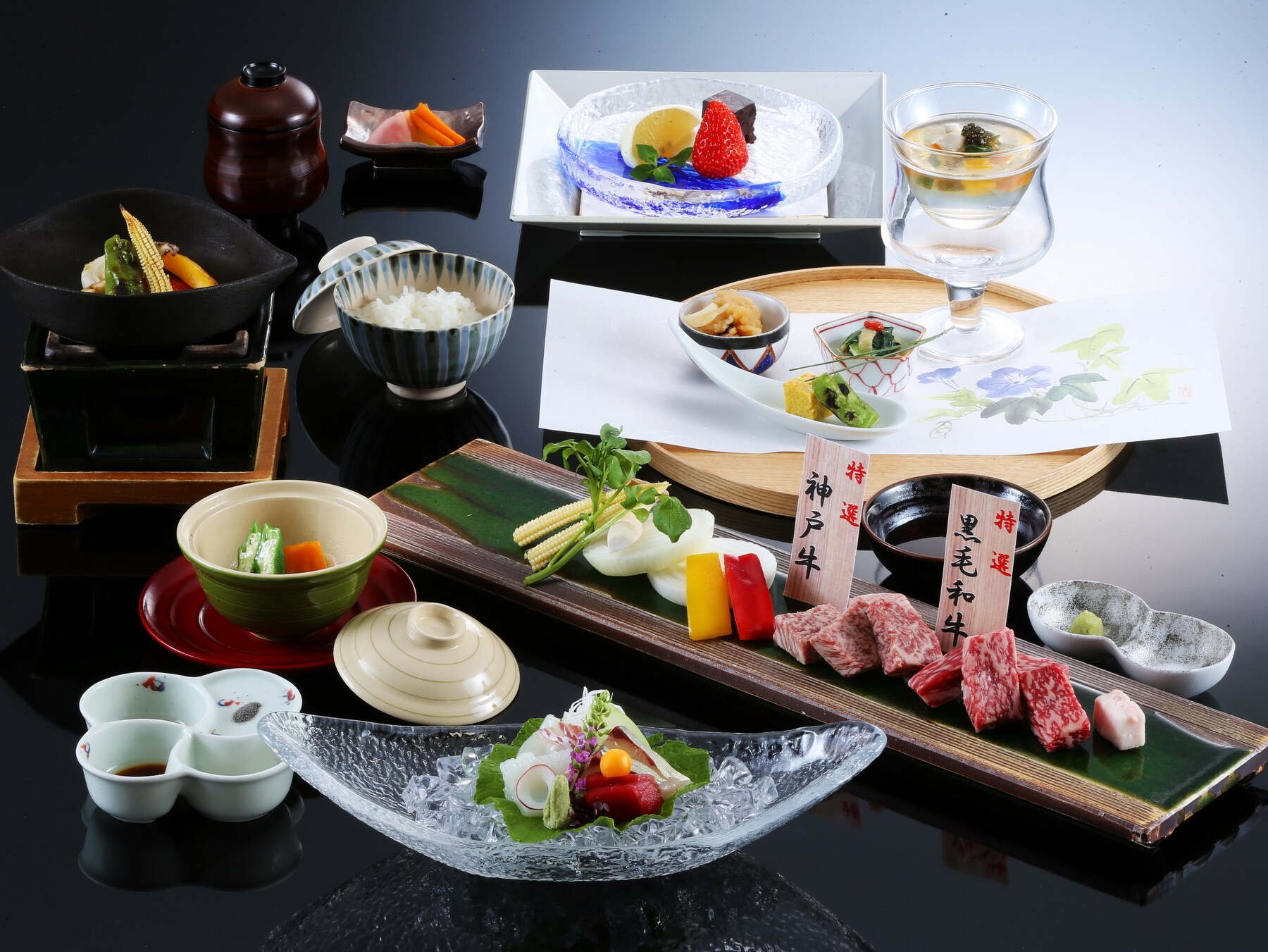 Kobe beef, Japanese black beef and Awaji onion grilled on a ceramic plate