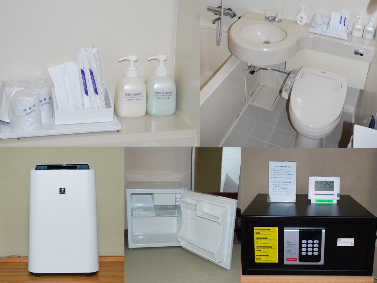 The room is equipped with amenities, unit bath, safe, refrigerator, and air purifier.