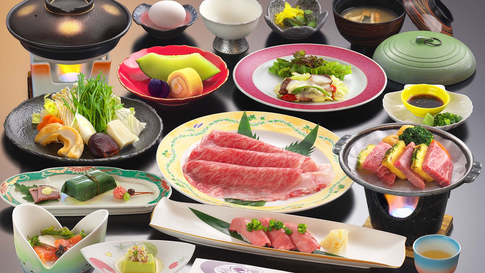 Examples of dishes from the Joshu Kuroge Wagyu beef plan